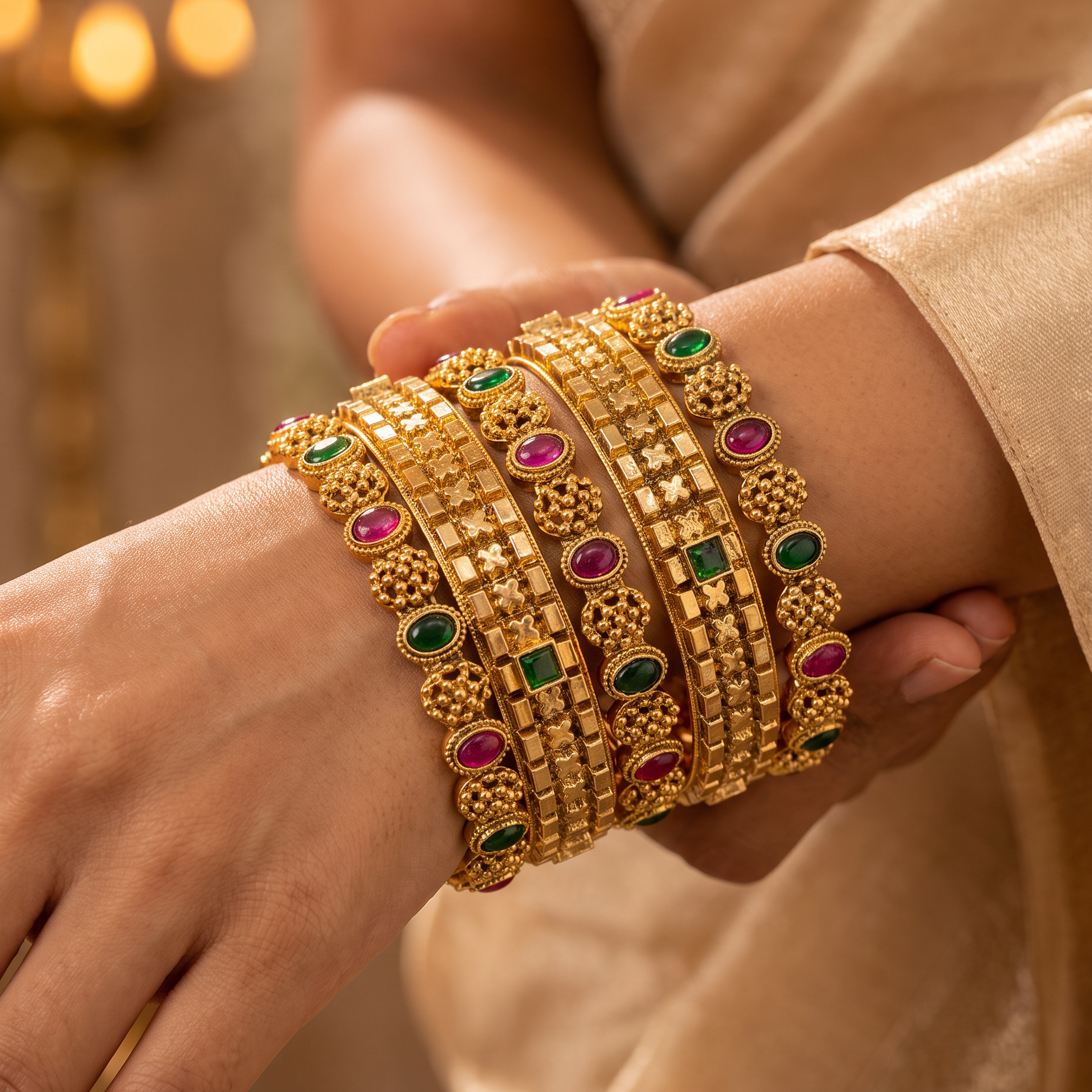 Multicolour Temple Gold Plated Bangle Set