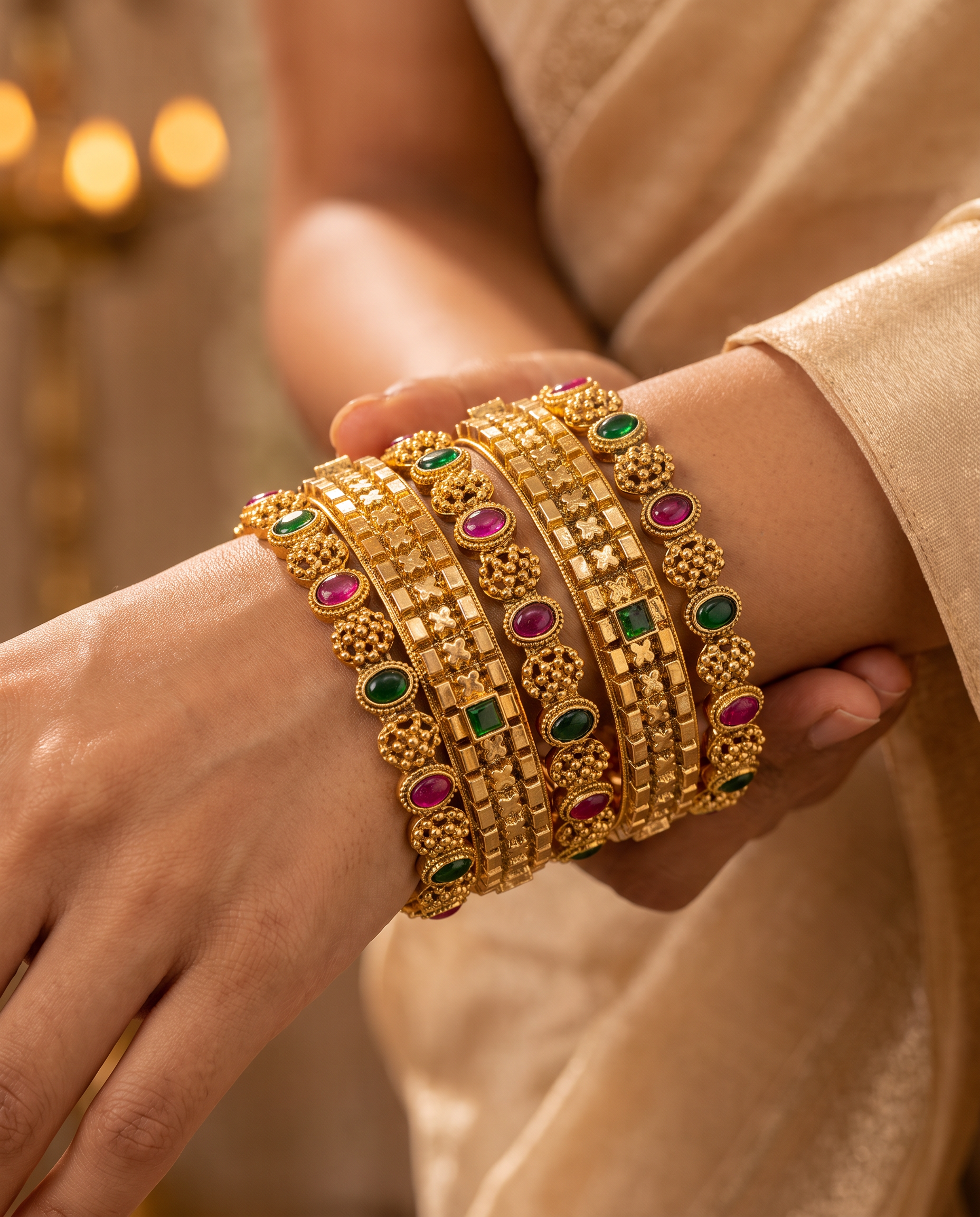 Multicolour Temple Gold Plated Bangle Set