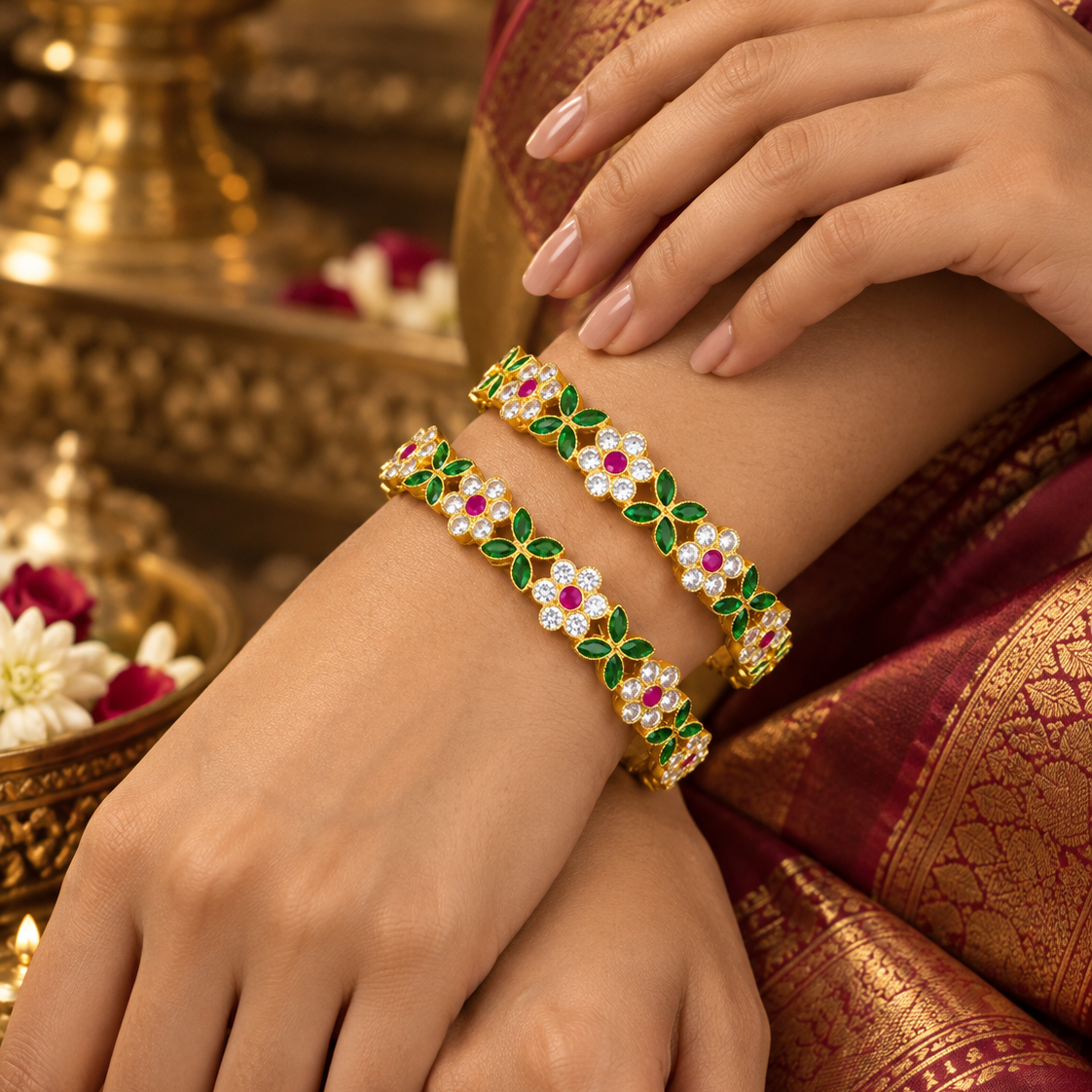 Green Pink Floral Double Row Bangle
