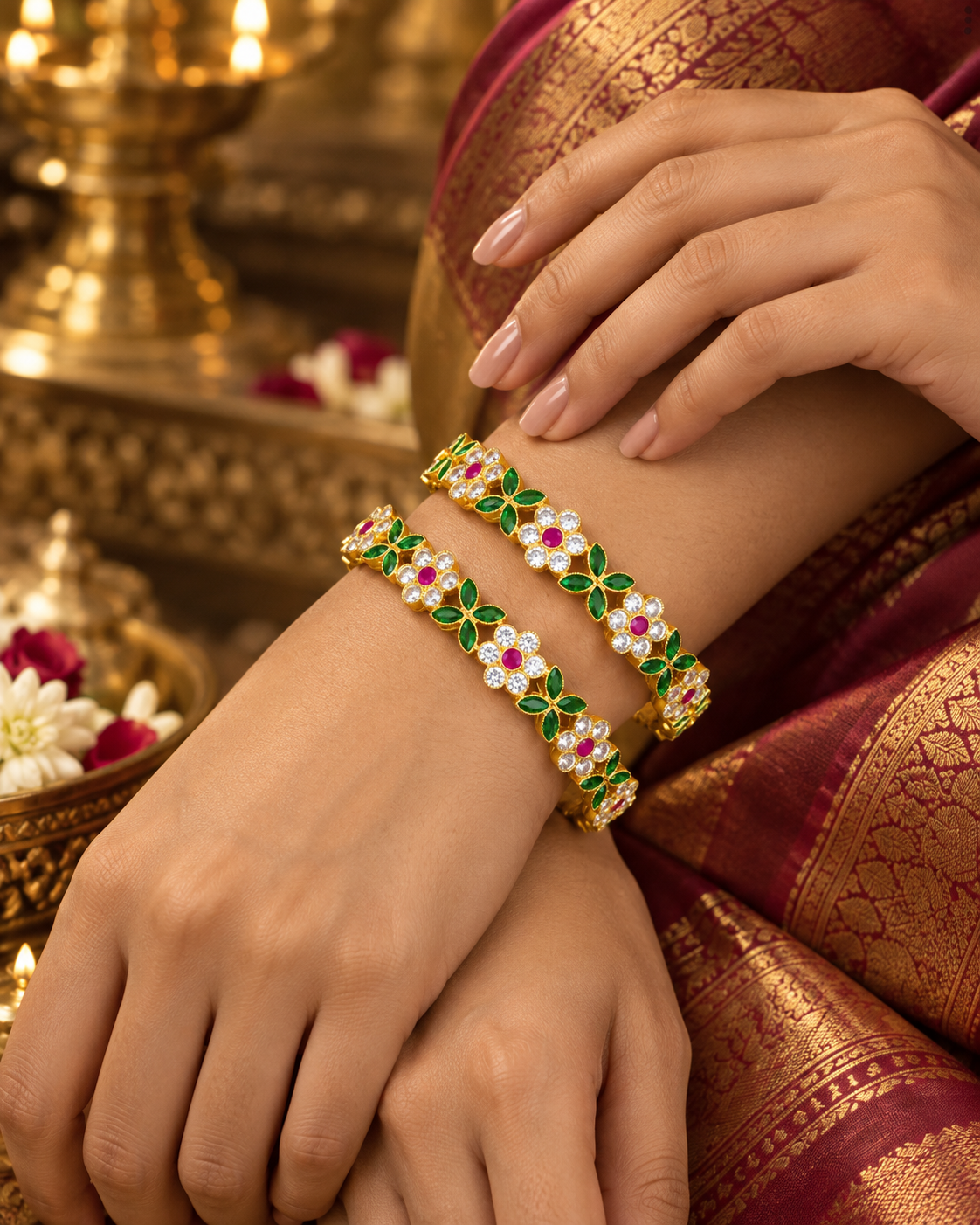 Green Pink Floral Double Row Bangle