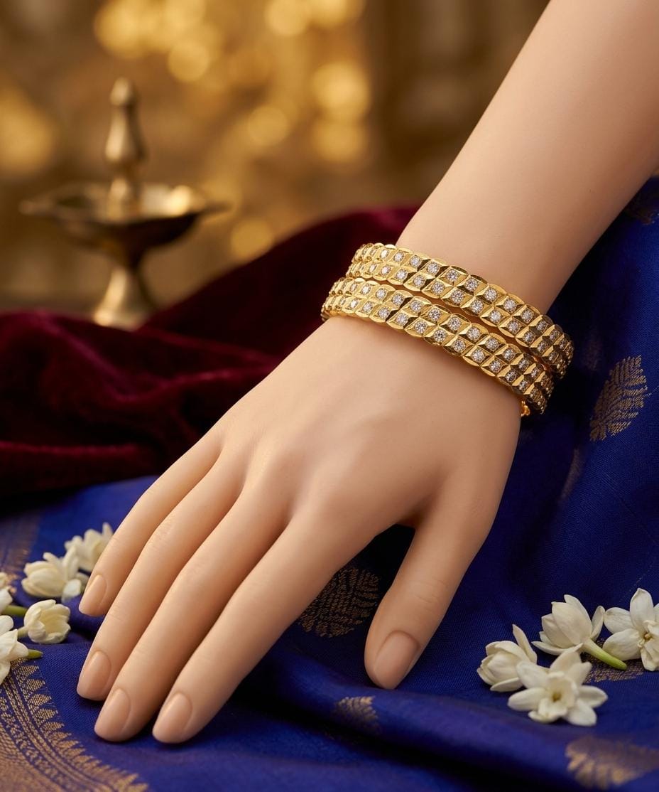 Gold Finish White Stone Leaf Pattern Bangle