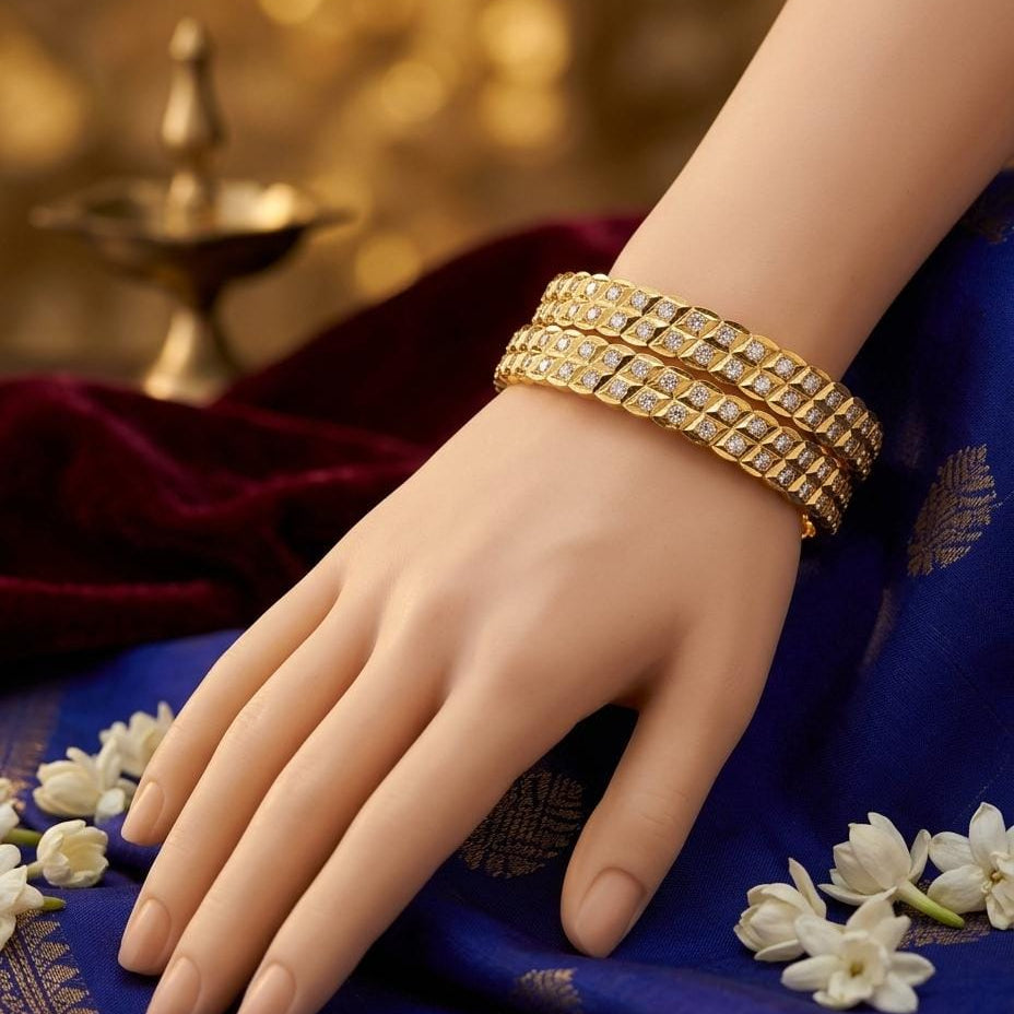 Gold Finish White Stone Leaf Pattern Bangle