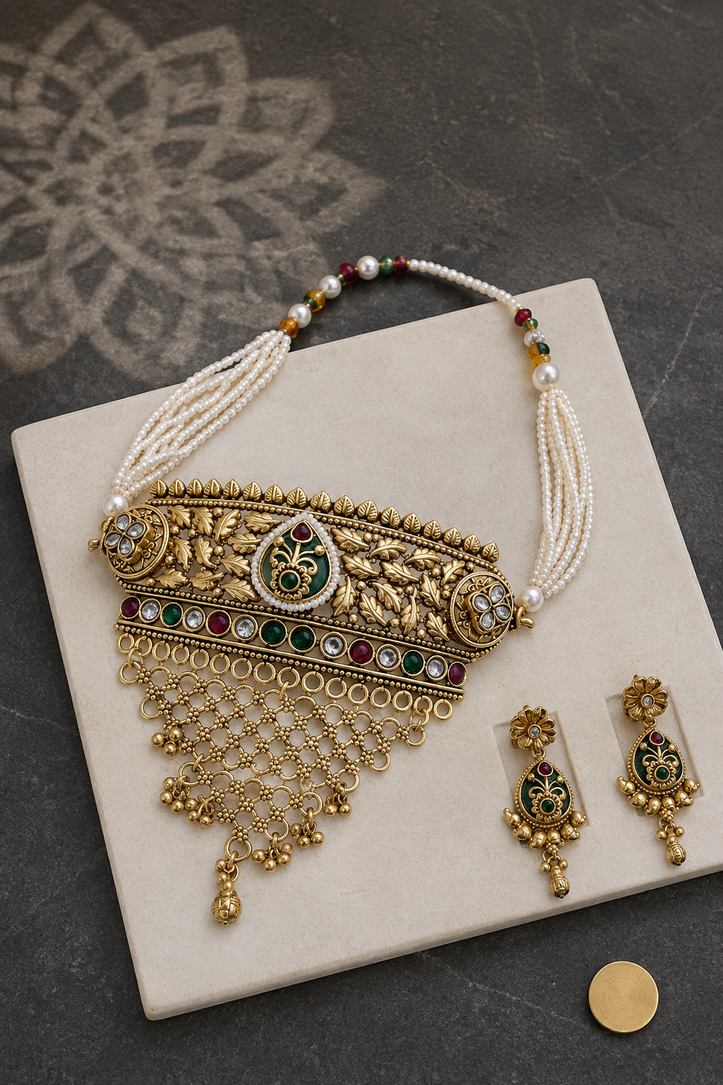 Floral Peacock Gold Plated Choker Necklace Set