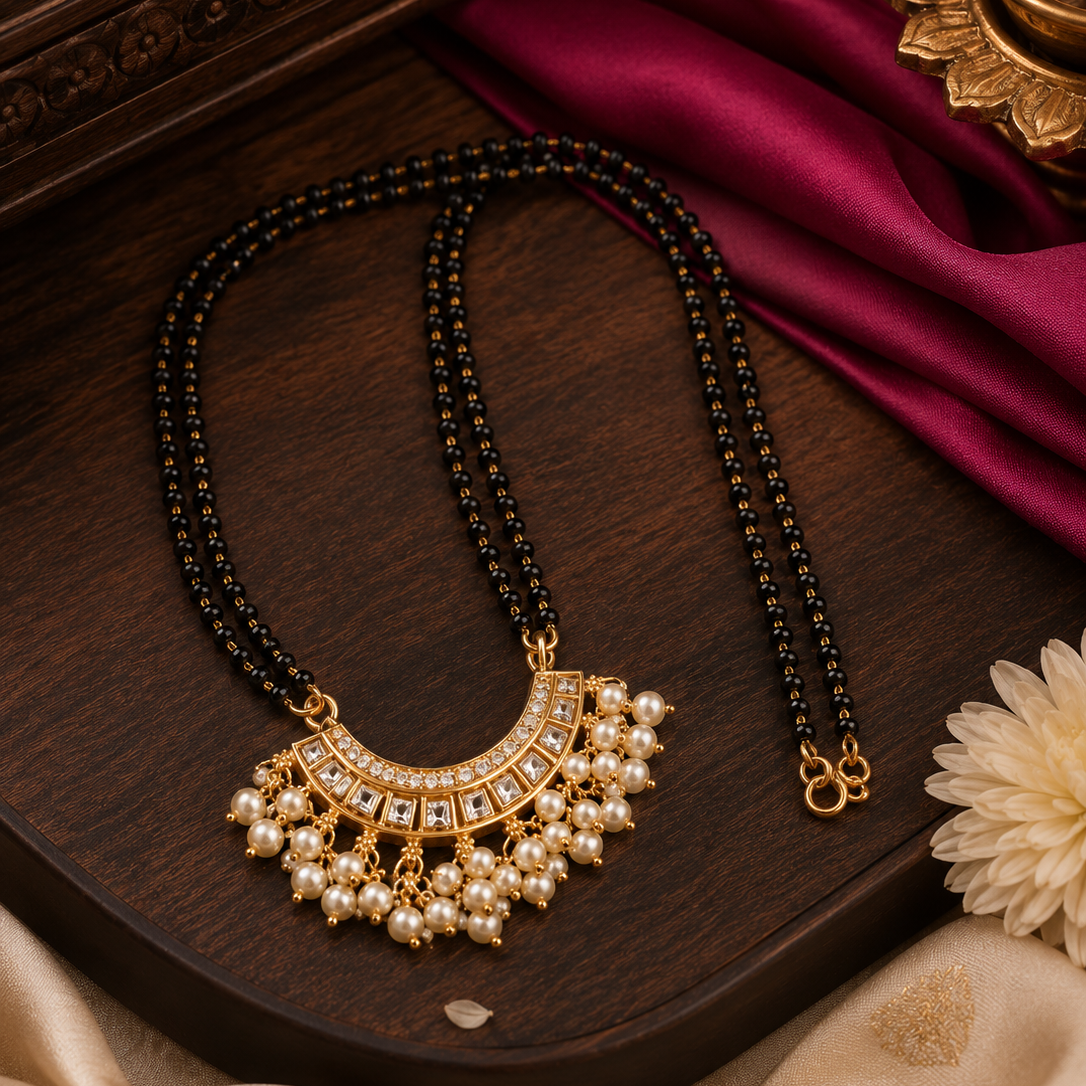 White Stone Jadau Kundan Gold Plated Black Bead Mangalsutra