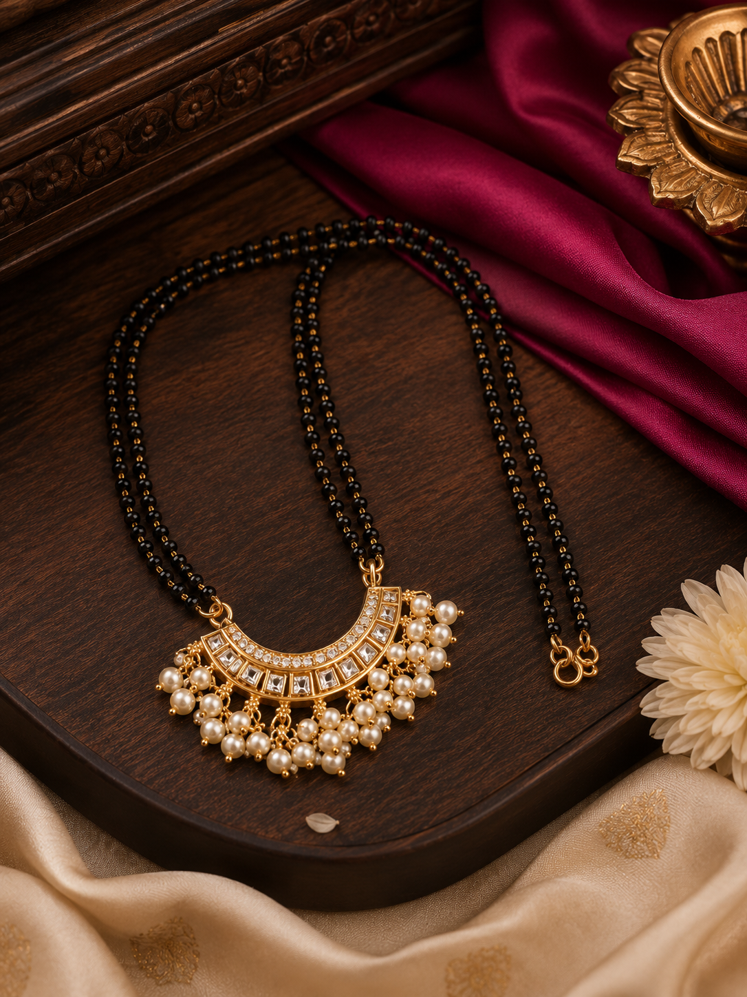 White Stone Jadau Kundan Gold Plated Black Bead Mangalsutra