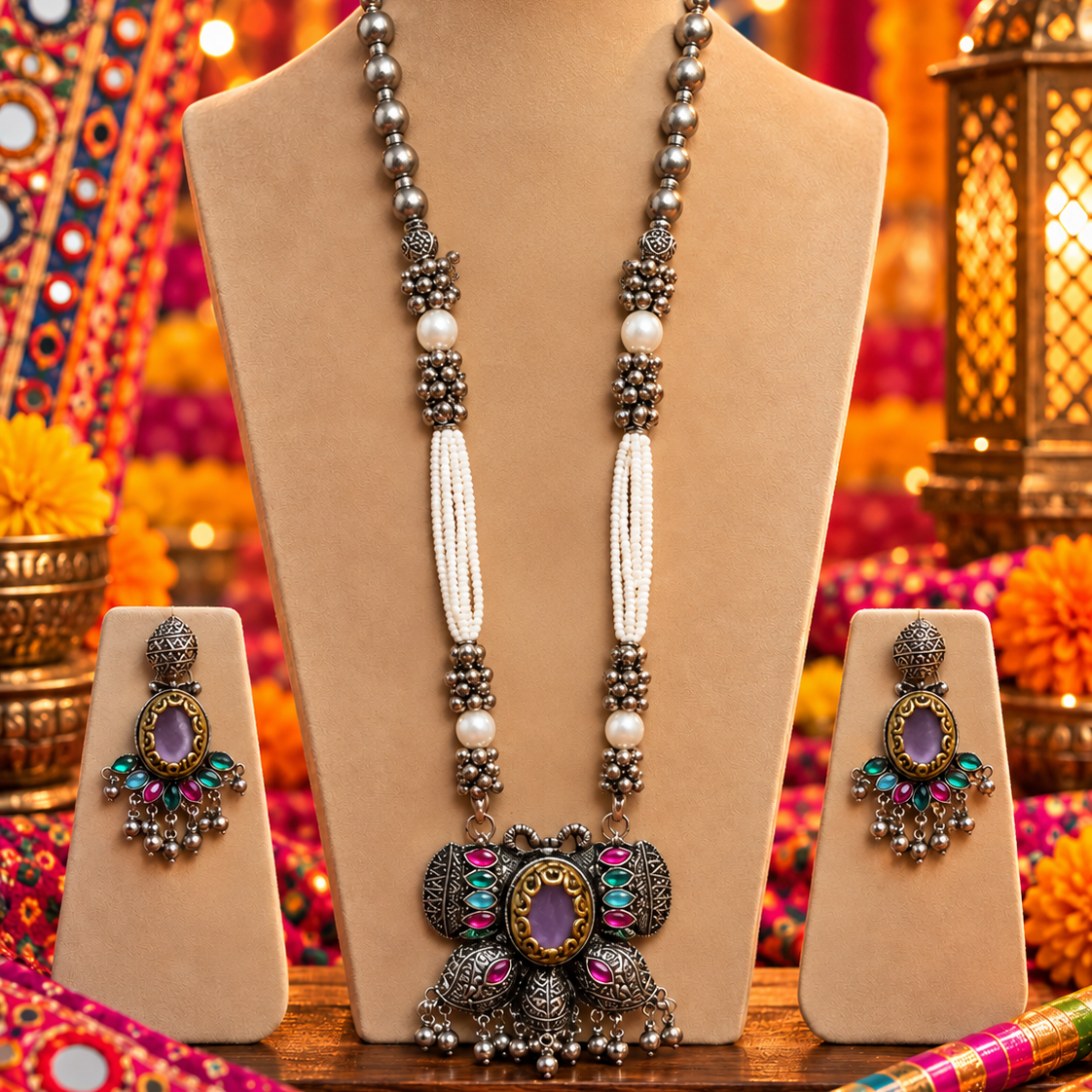 Oxidised Pink Stone Necklace Set