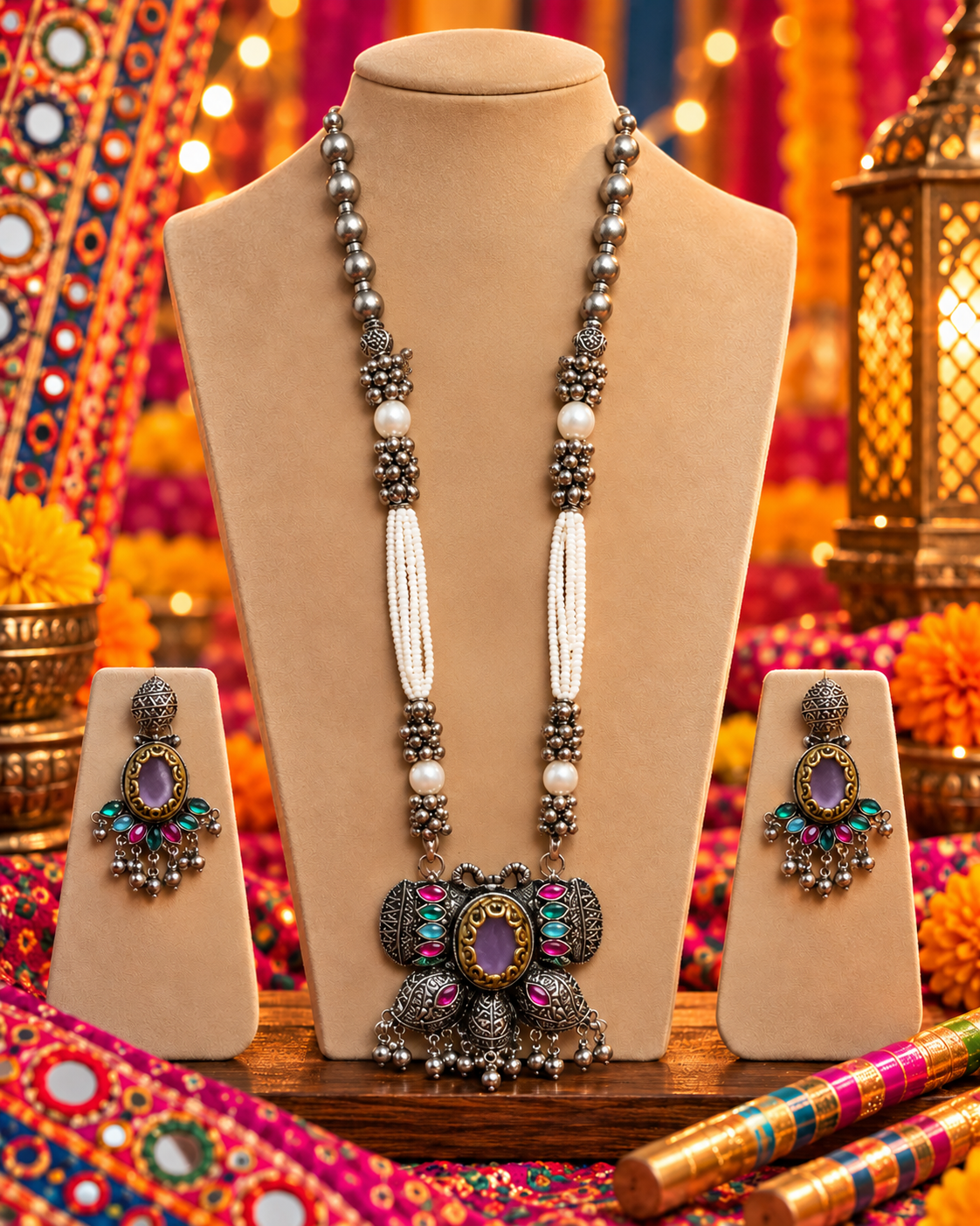 Oxidised Pink Stone Necklace Set