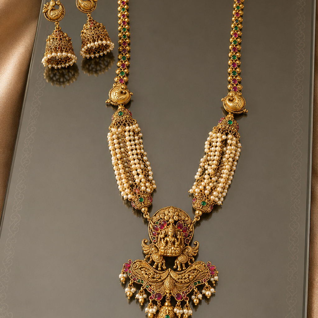 Pearl Beaded Strand Lakshmi Devi Gold Plated Necklace Set