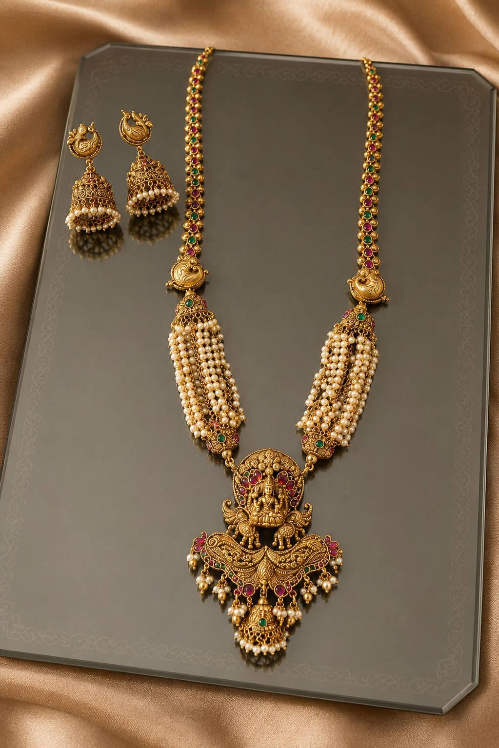 Pearl Beaded Strand Lakshmi Devi Gold Plated Necklace Set