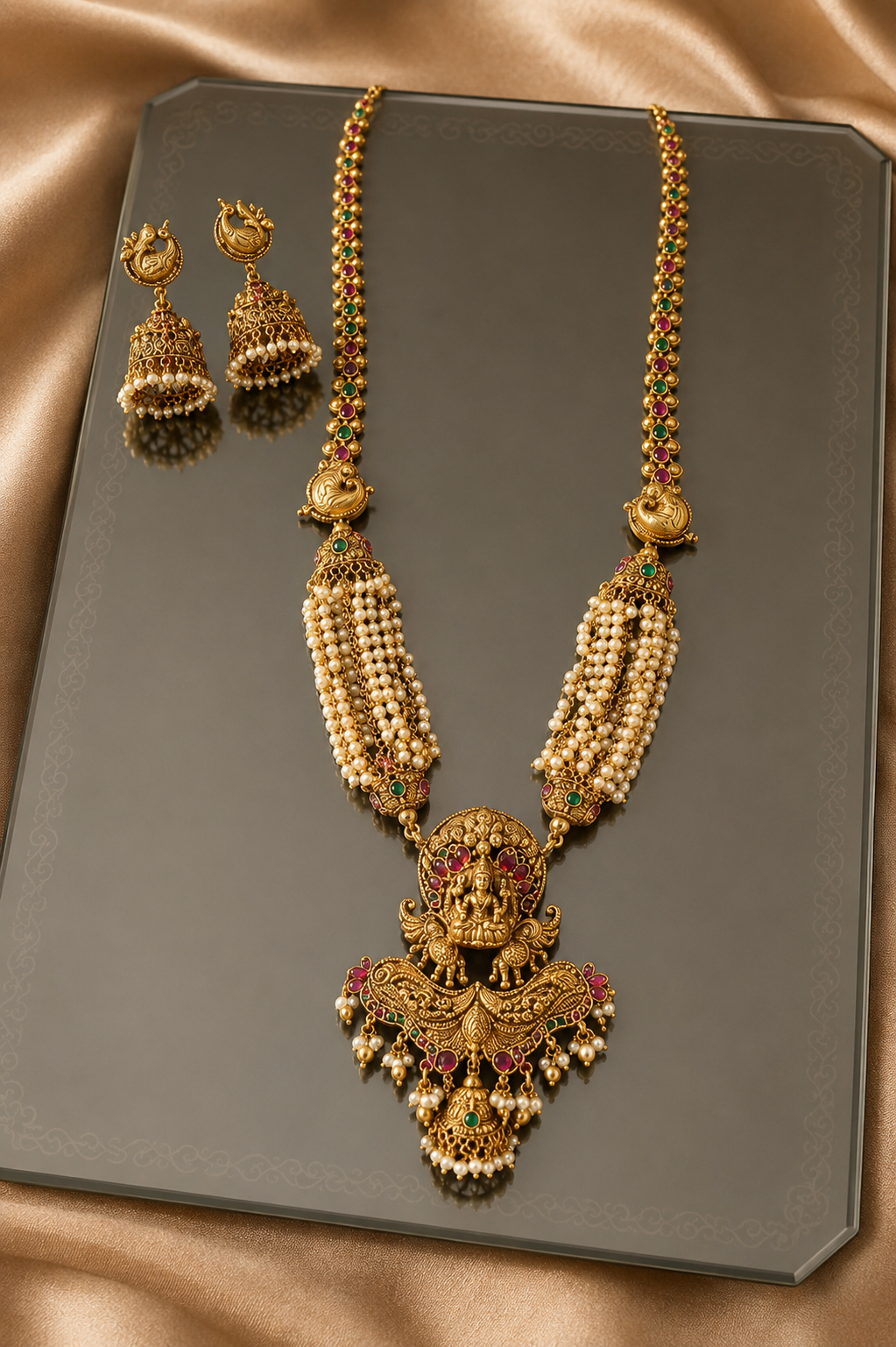 Pearl Beaded Strand Lakshmi Devi Gold Plated Necklace Set