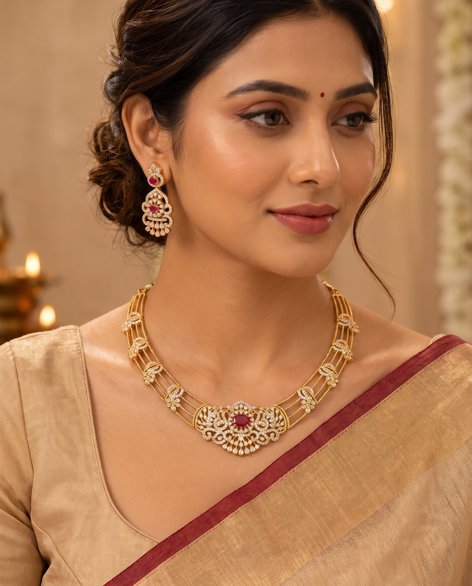 Peacock Red Stone Gold Plated Necklace Set with Jhumka Earrings