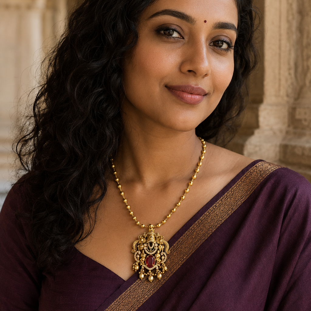 Lakshmi Devi Gold Plated Pendant Beaded Chain Necklace