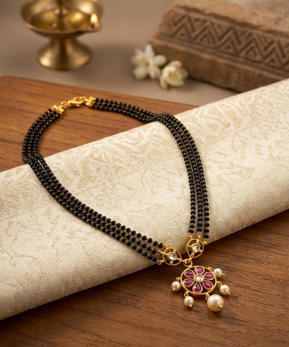 Gold Finish Black Bead Mangalsutra with Pink Round Pendant
