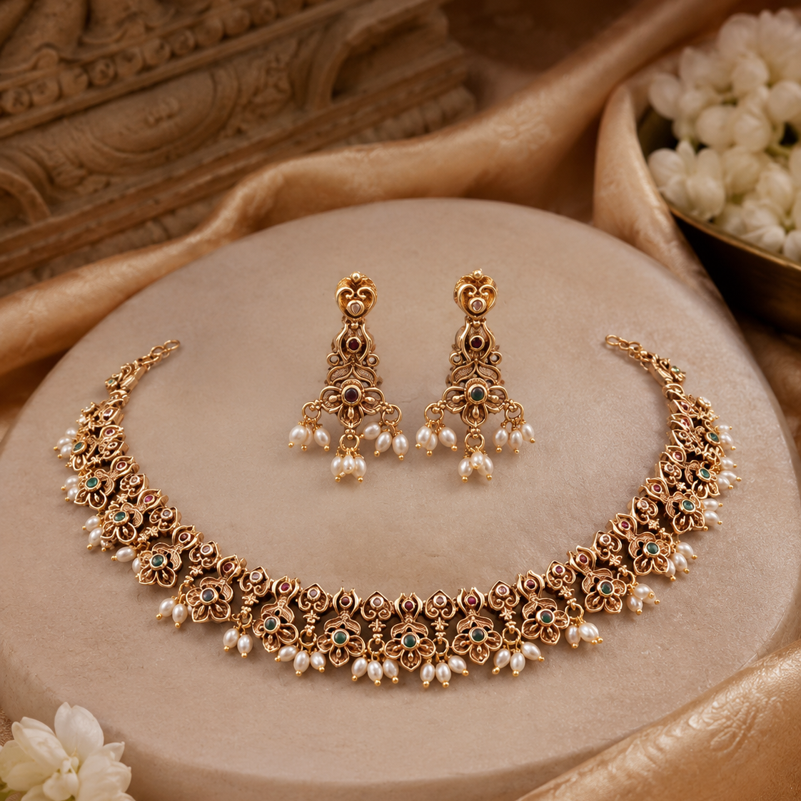 Floral Rose Gold Tone Necklace Set with Earrings