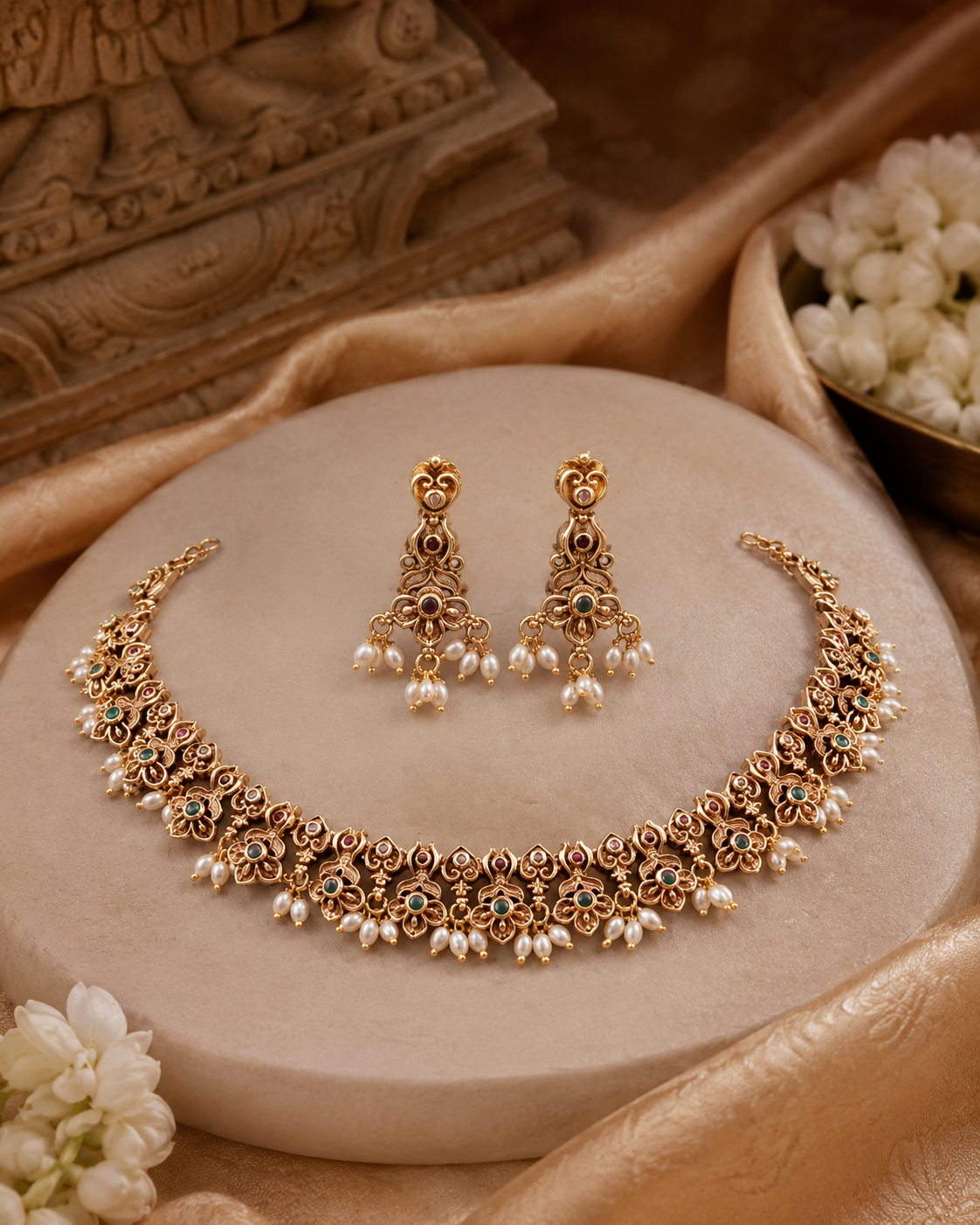 Floral Rose Gold Tone Necklace Set with Earrings