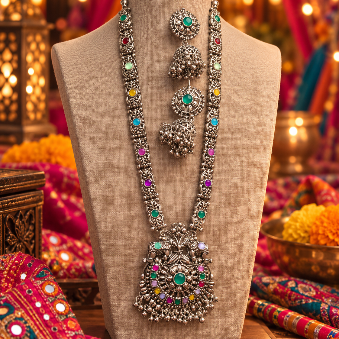 Oxidised Green Pink Stone Necklace Set