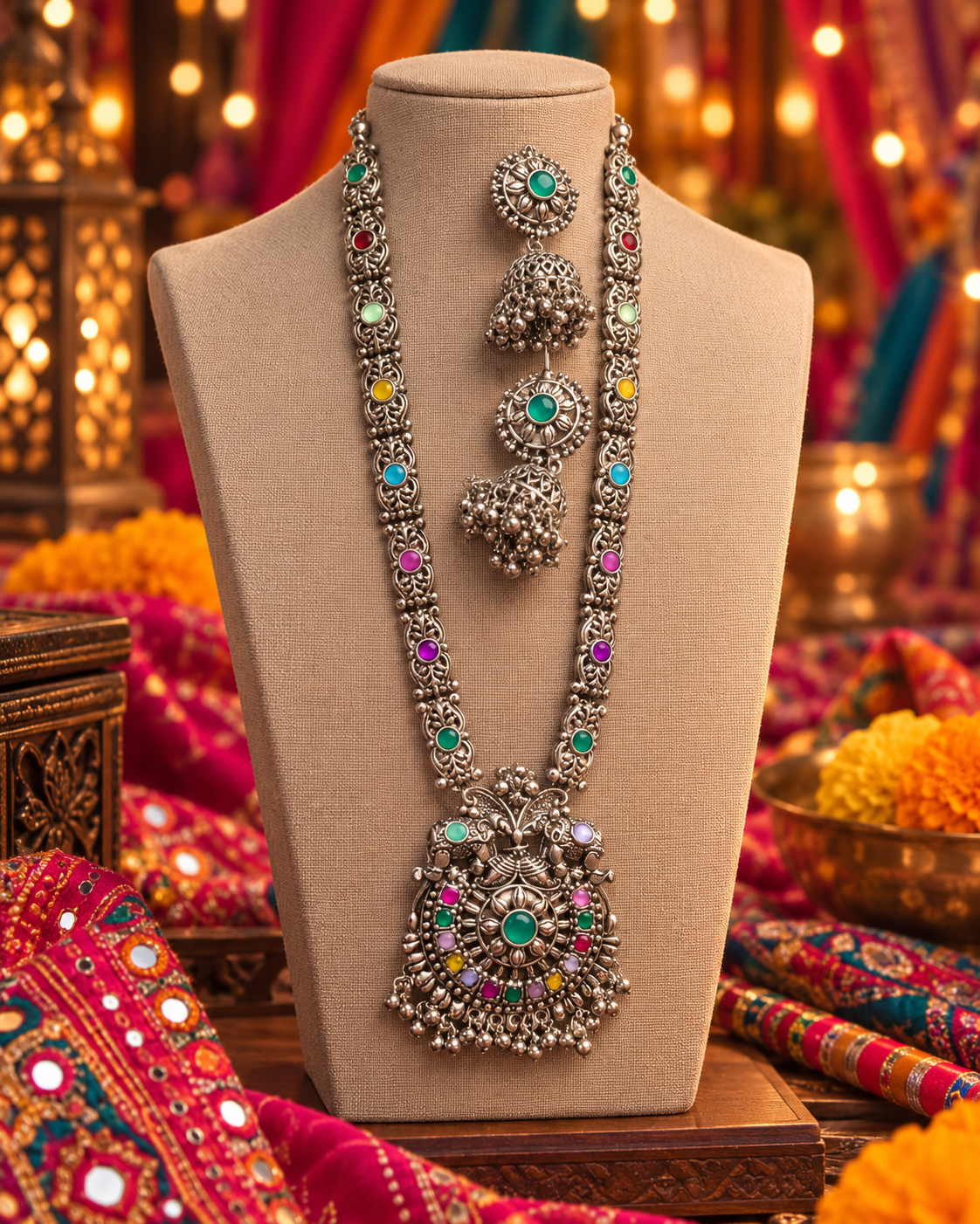 Oxidised Green Pink Stone Necklace Set