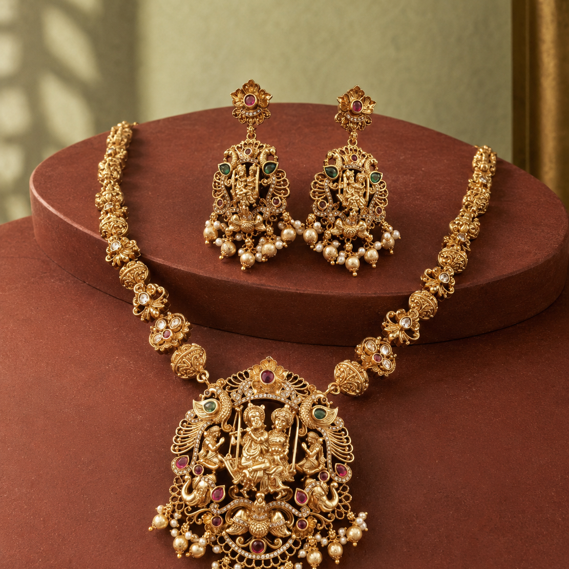 Lakshmi Devi Long Gold Plated Pendant Necklace Set