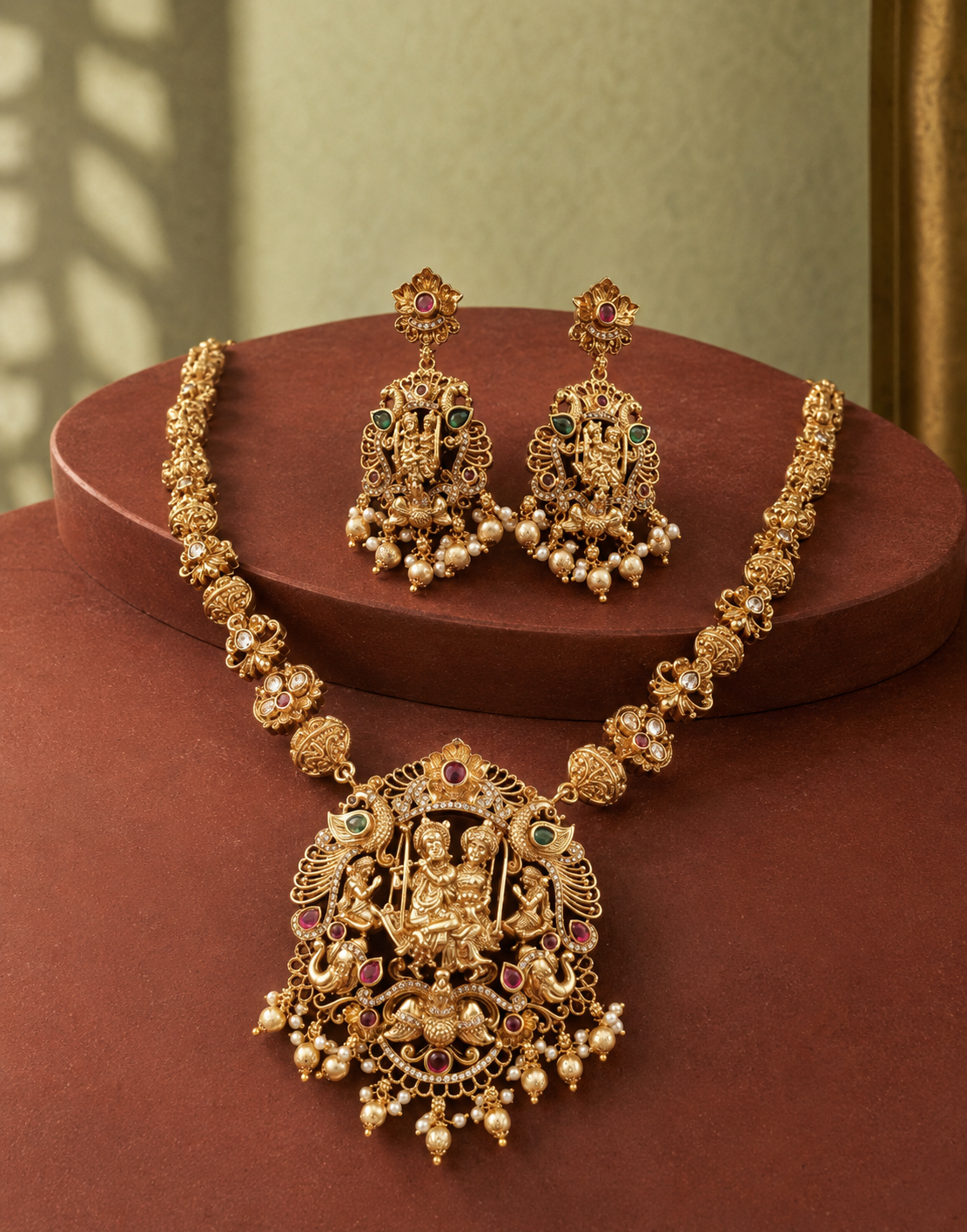Lakshmi Devi Long Gold Plated Pendant Necklace Set