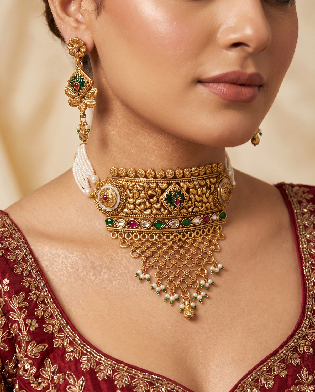 Peacock Gold Plated Choker Necklace Set with Earrings