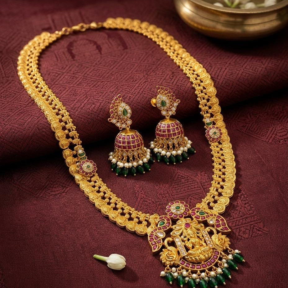Long Gold Plated Temple Necklace with Goddess Pendant & Jhumkas