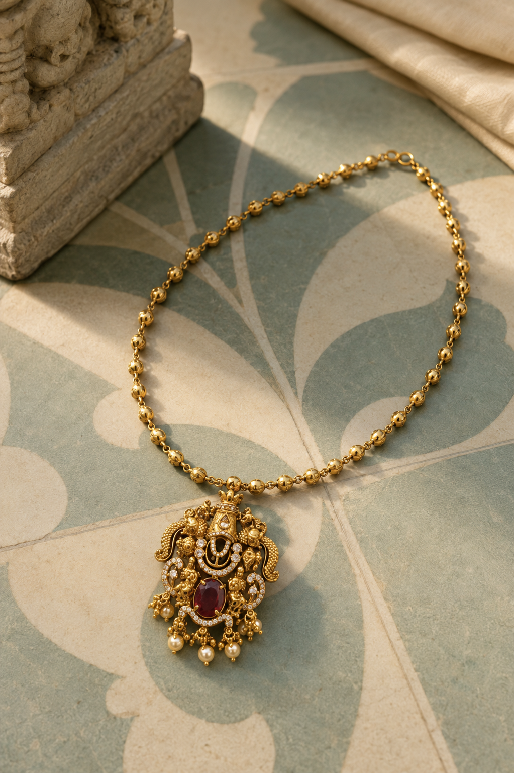 Lakshmi Devi Gold Plated Pendant Beaded Chain Necklace