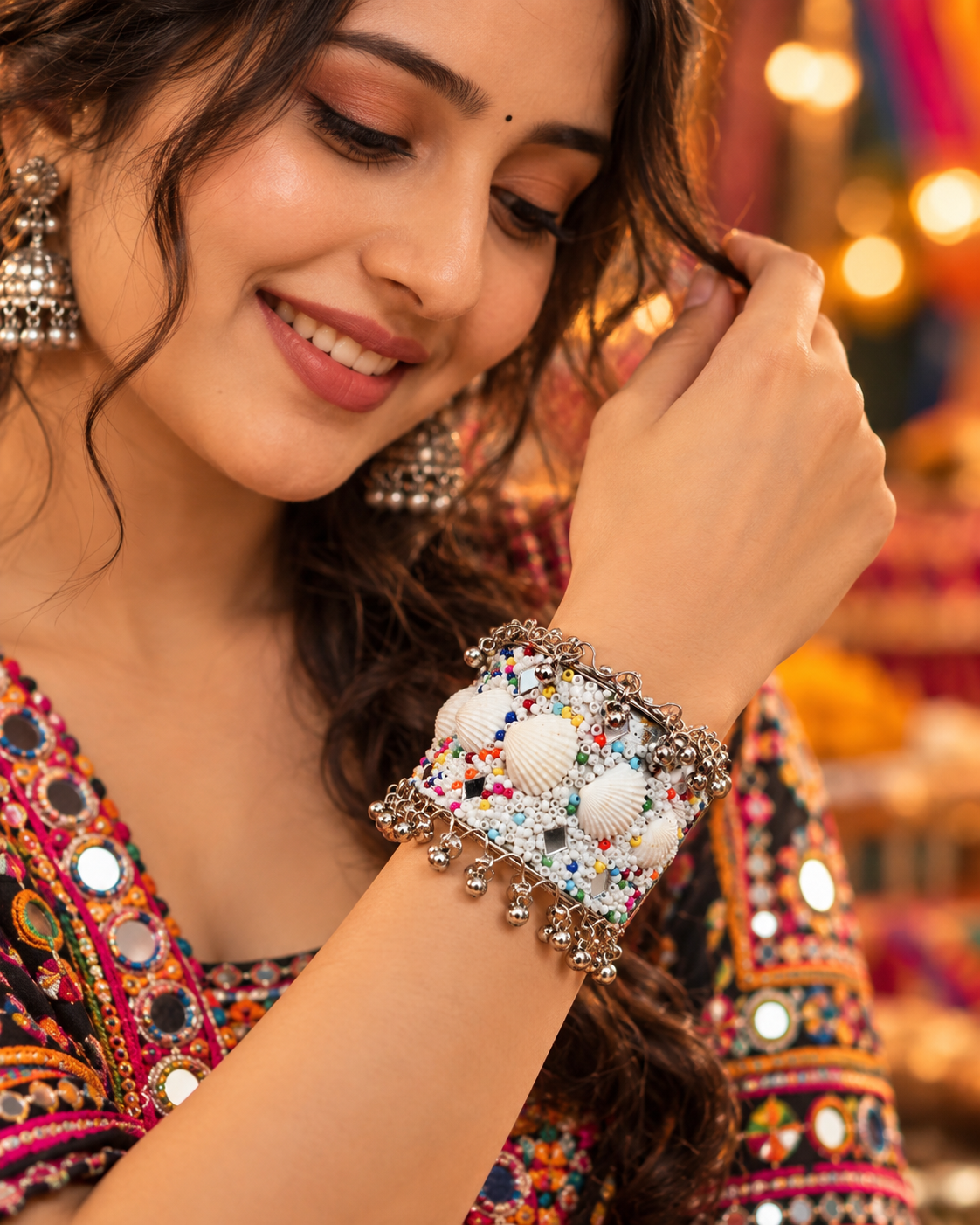 White Shell Multicolour Cuff Bracelet