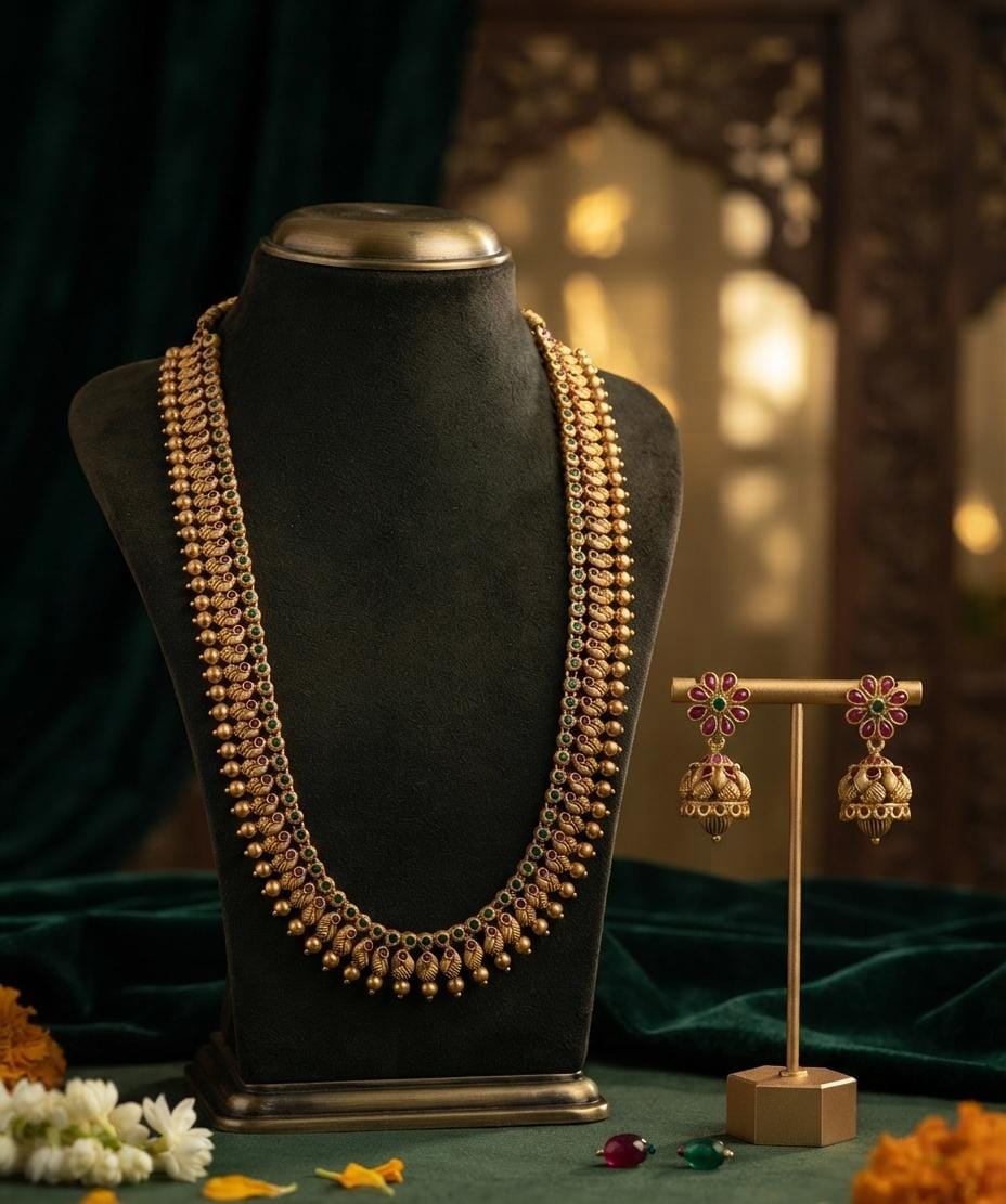 Long Gold Finish Necklace with Floral Earrings