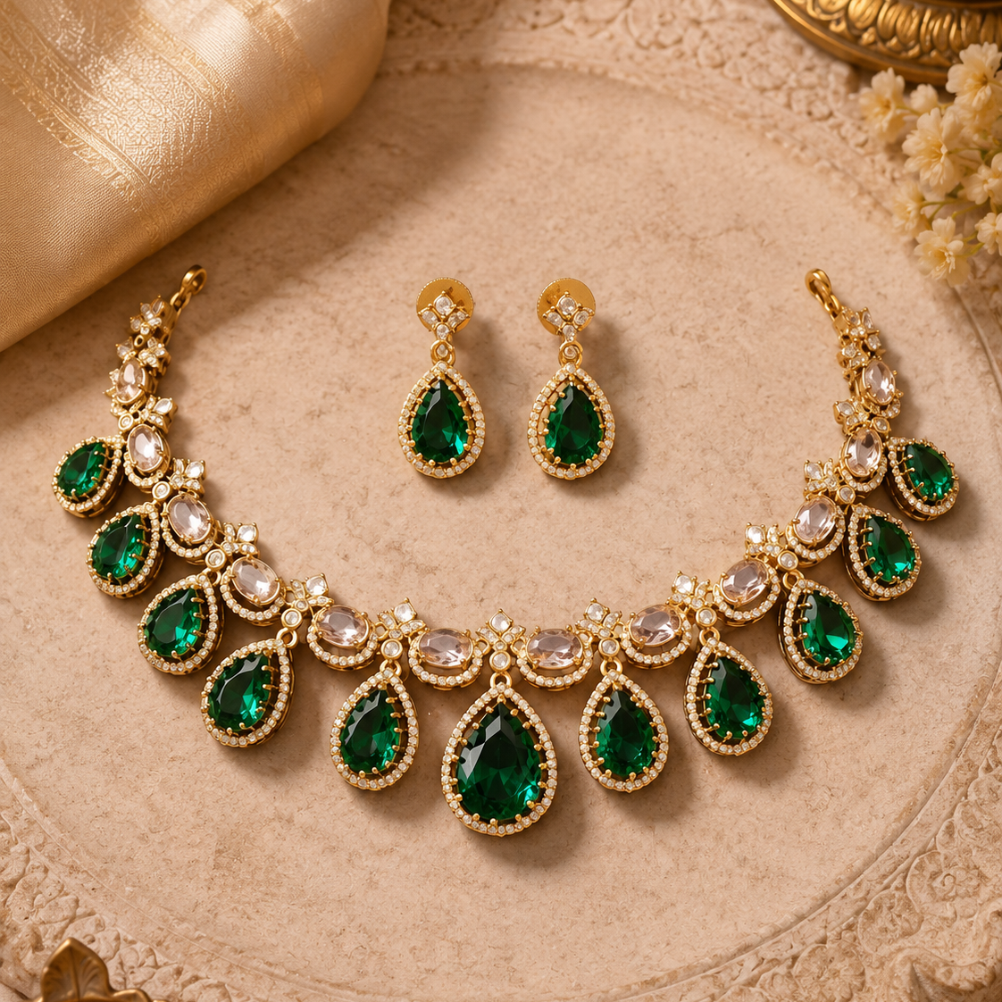 Green Kundan Gold Plated Necklace Set with Earrings