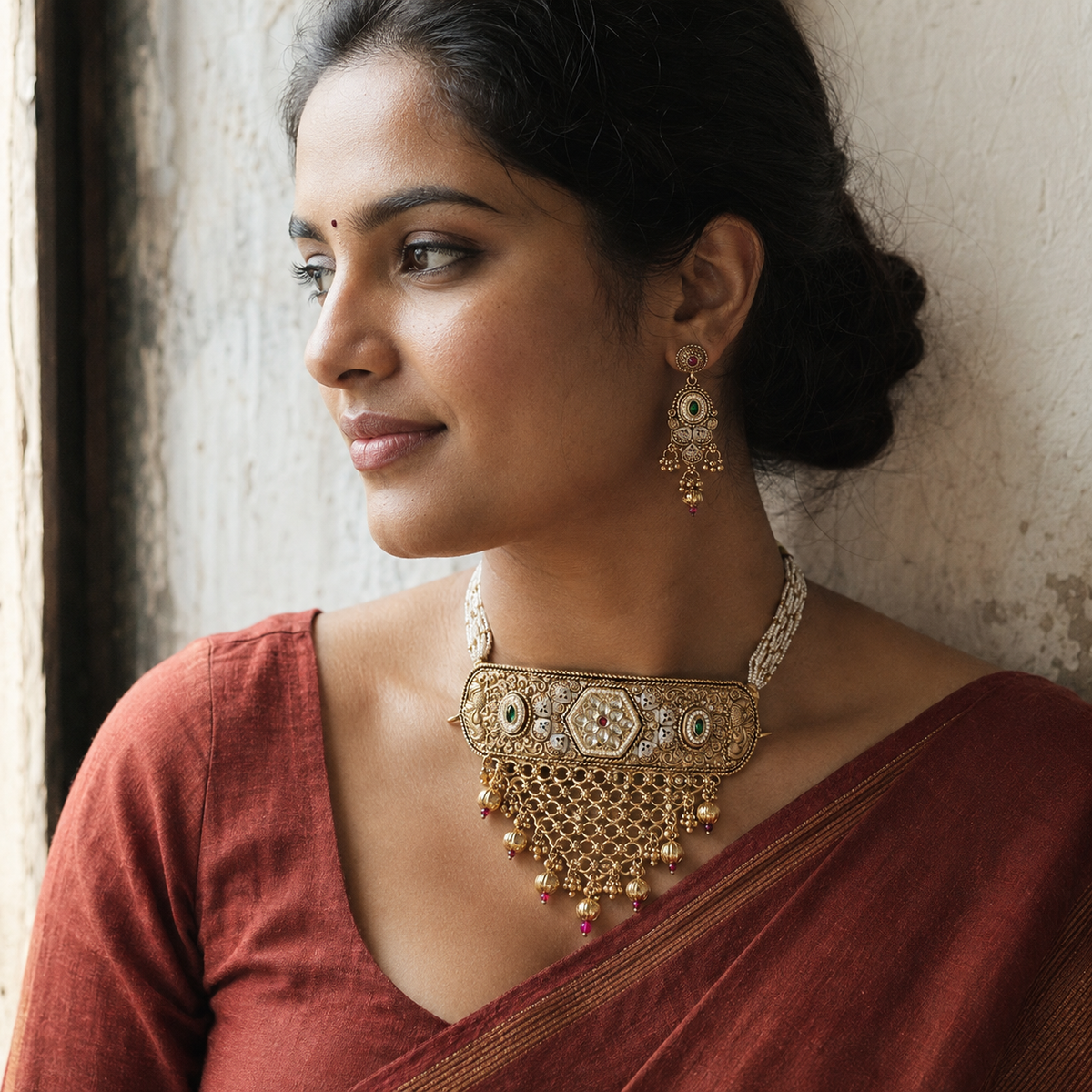 Rajwadi Floral Kundan Pearl Choker Set