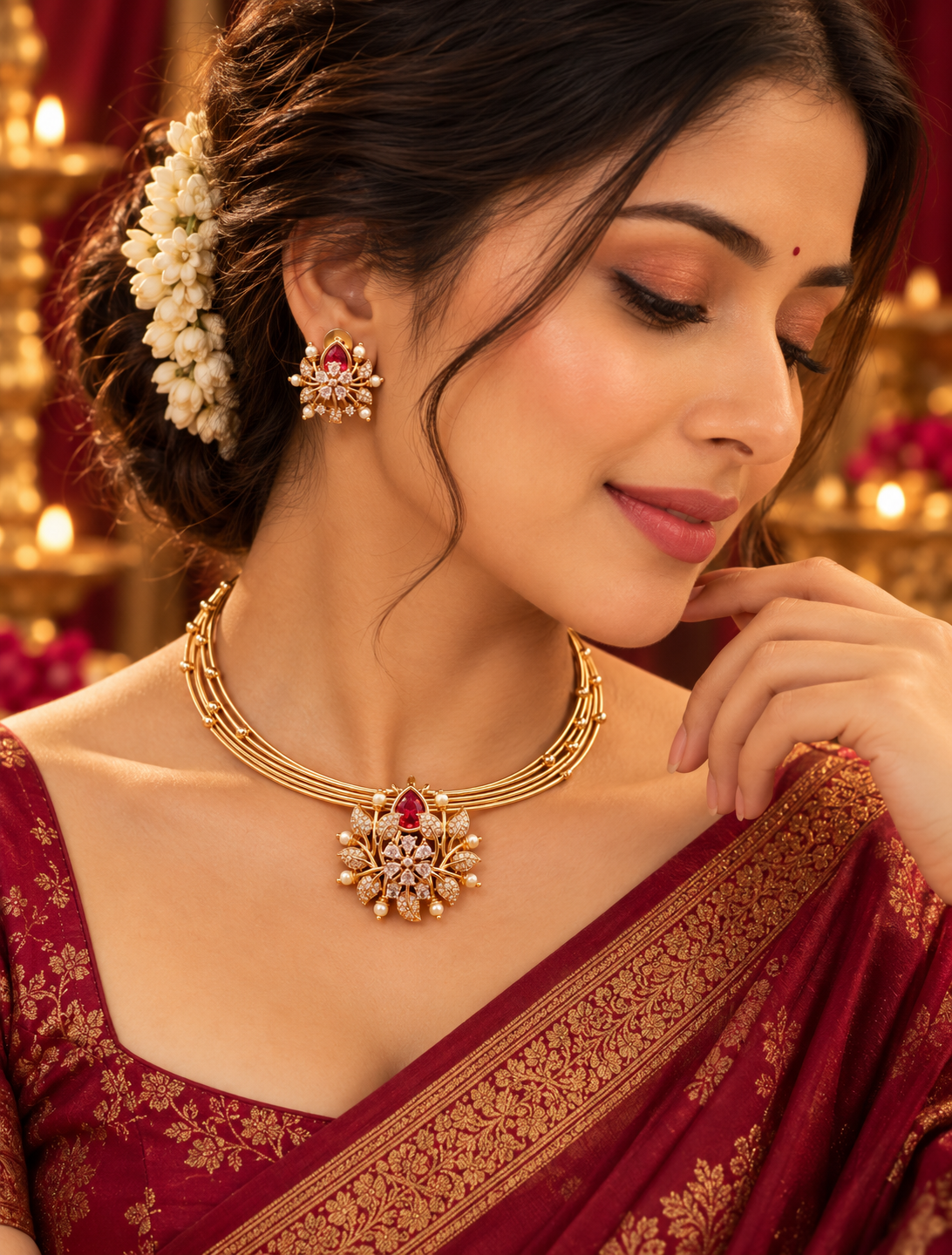 Gold Finish Floral Stone Layered Necklace Set with Earrings