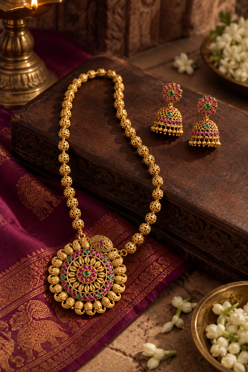 Chakra Gold Tone Pendant Long Necklace Set