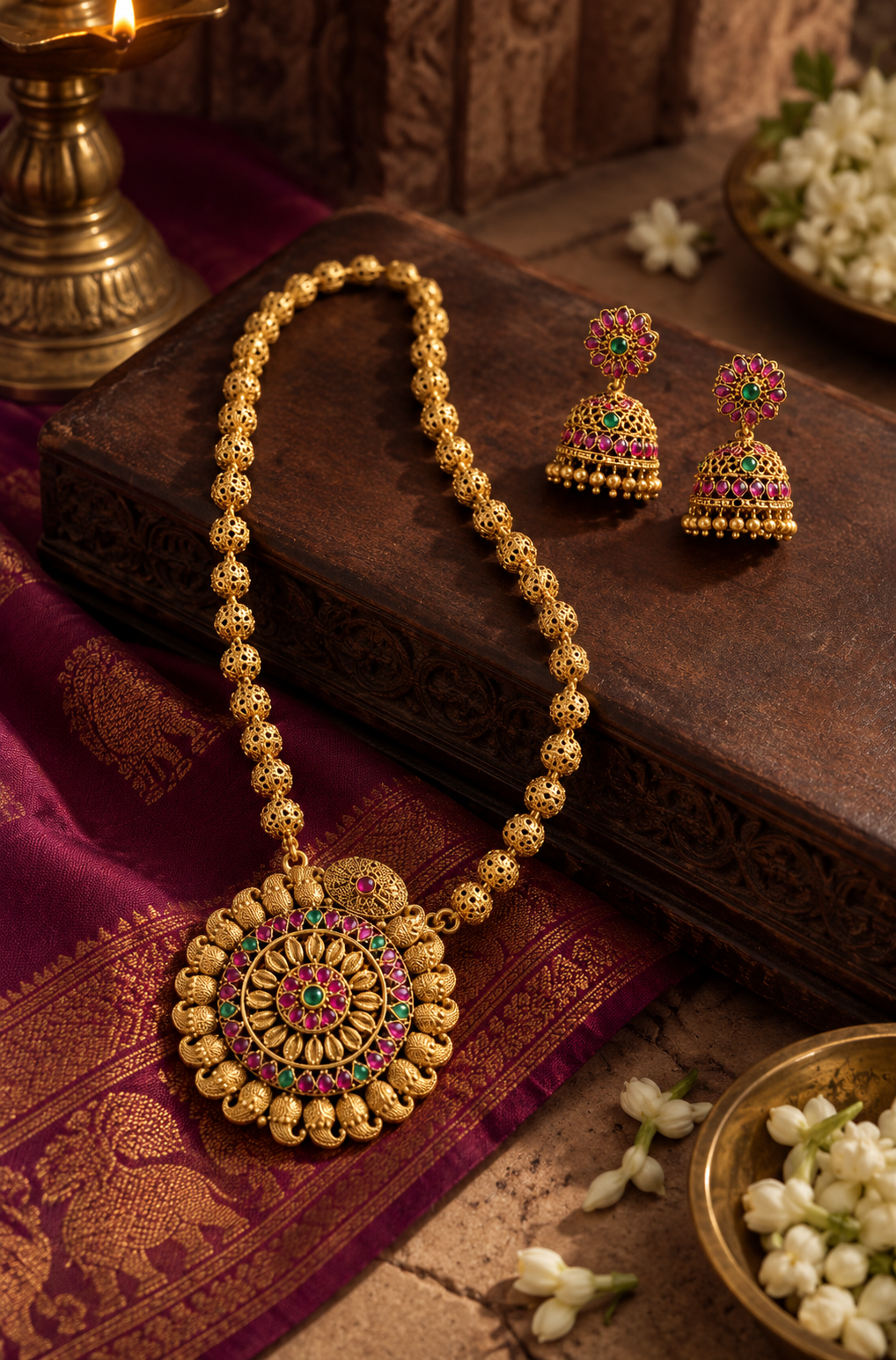 Chakra Gold Tone Pendant Long Necklace Set