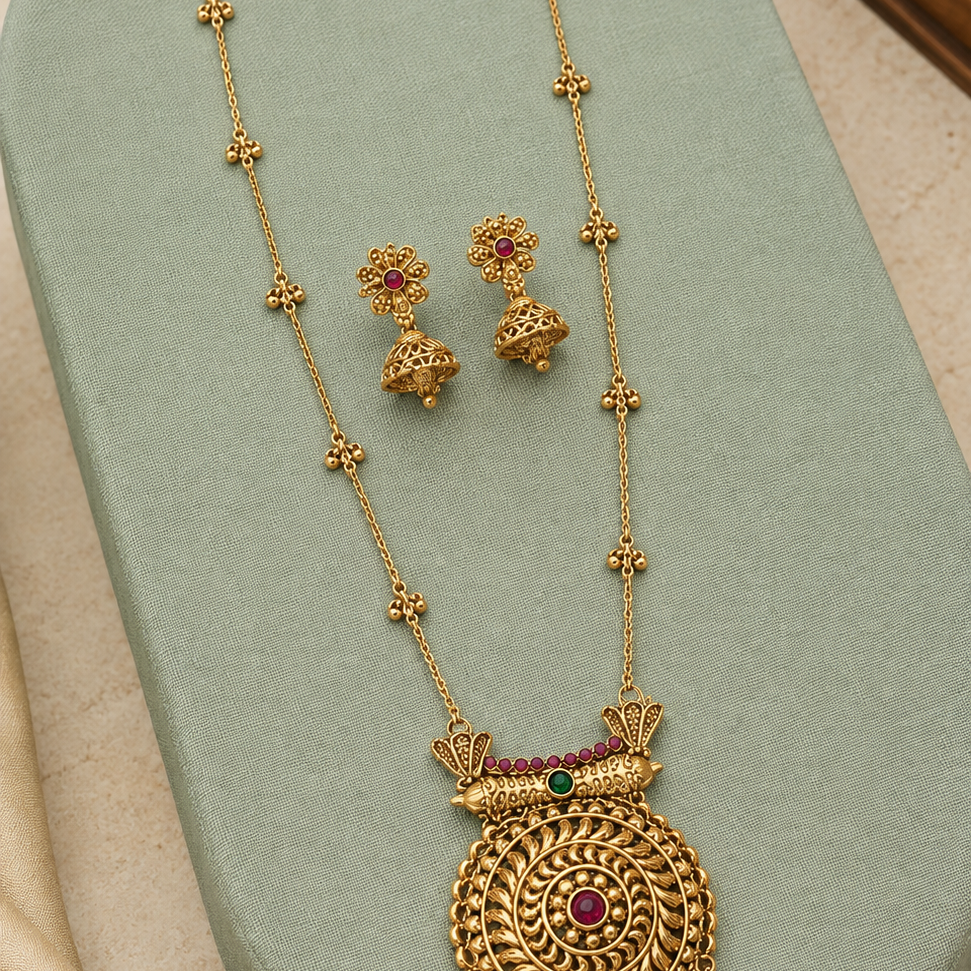 Green Stone Peacock Gold Plated Pendant Necklace Set