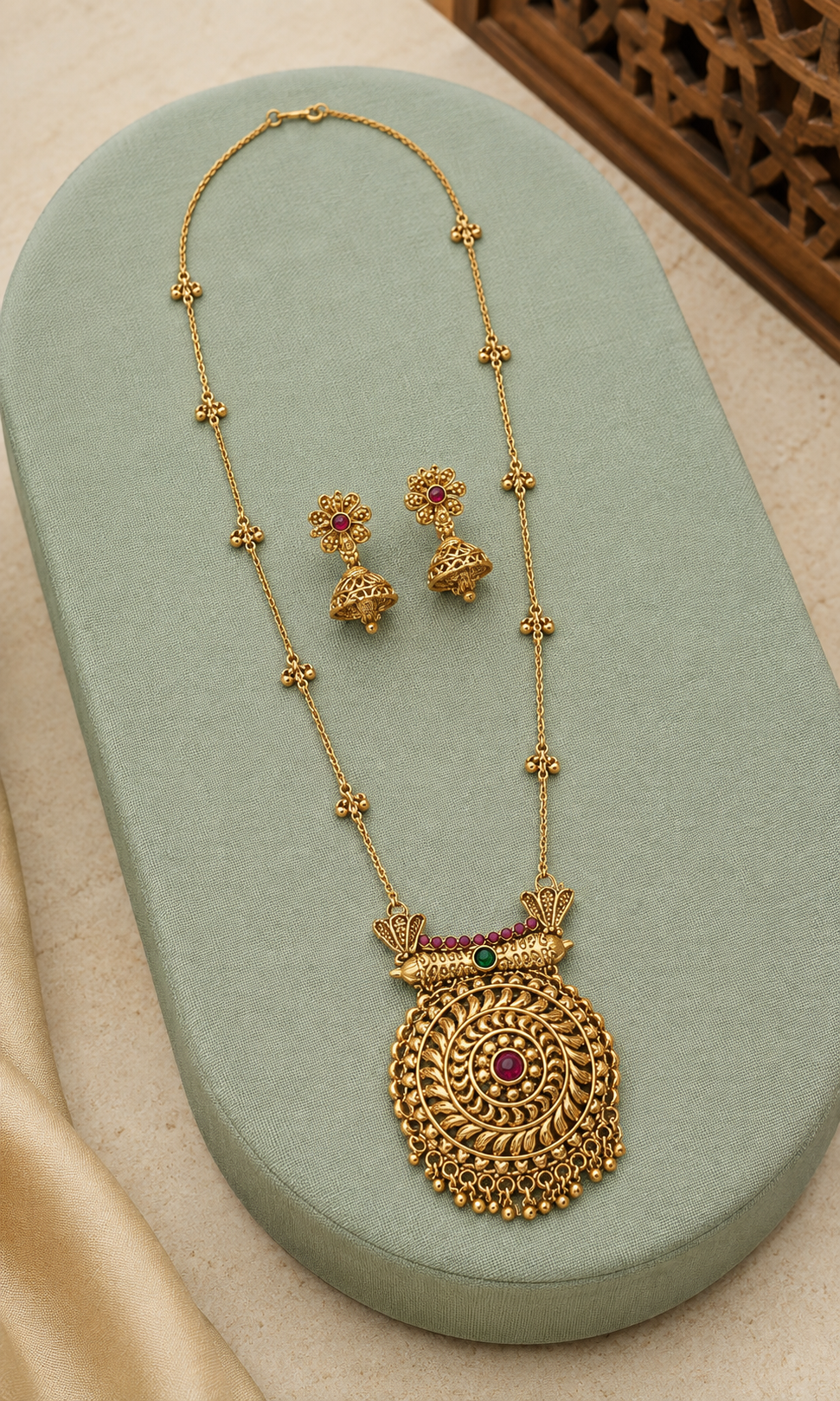Green Stone Peacock Gold Plated Pendant Necklace Set