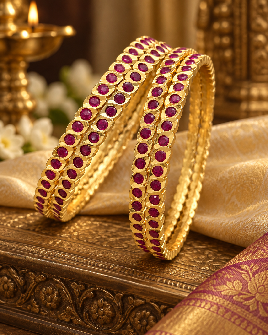 Gold Plated Pink Stone Multi-Row Bangle