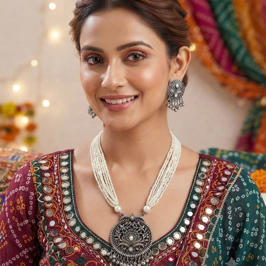 Oxidised Round Motif Necklace Set
