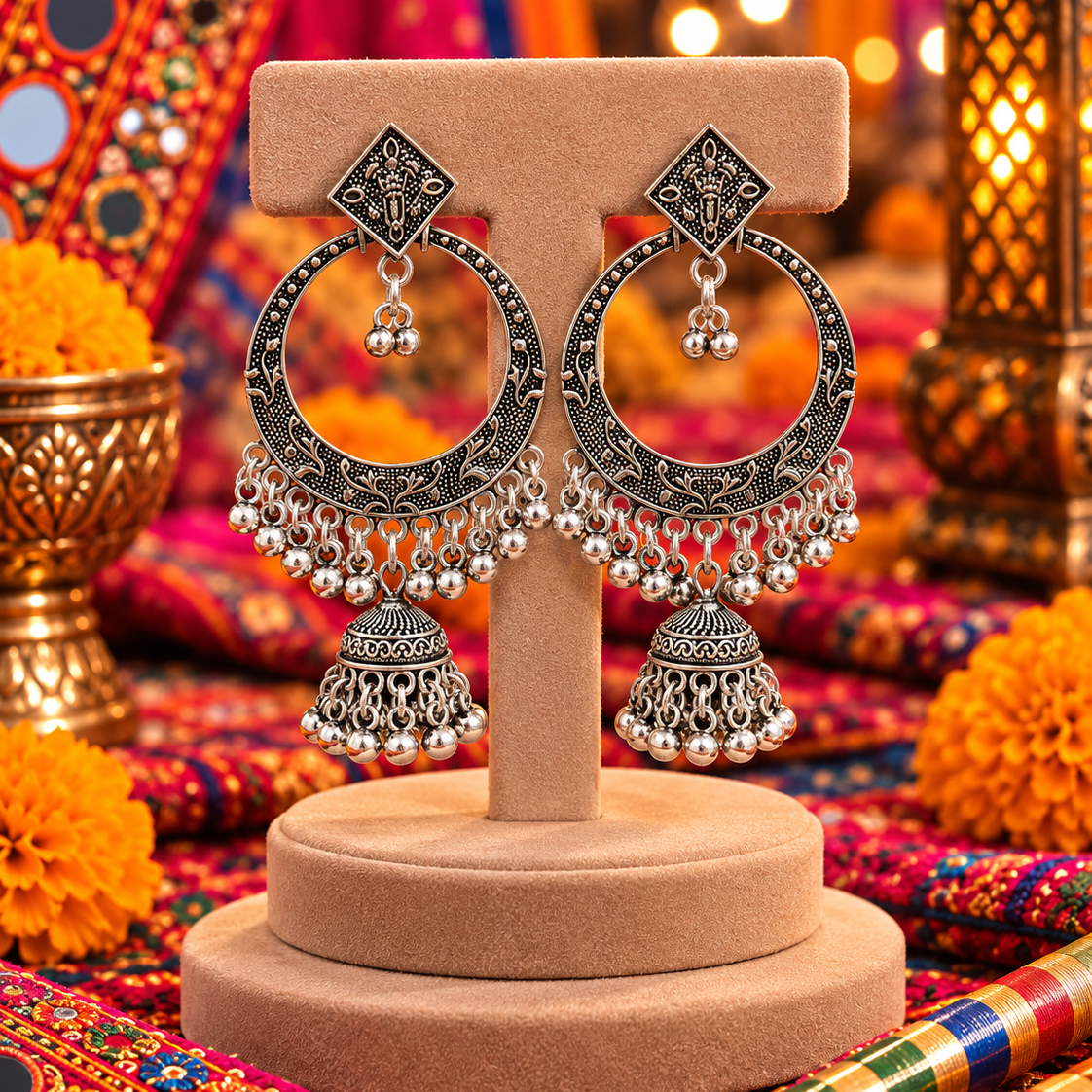 Oxidised Circular Jhumka Earrings
