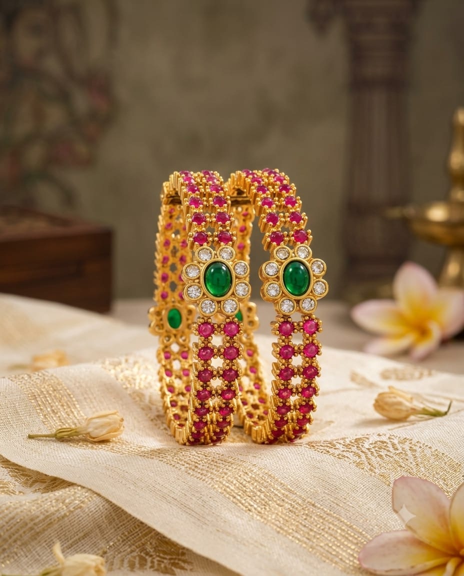 Gold Plated Ruby Green Stone Designer Bangle Set