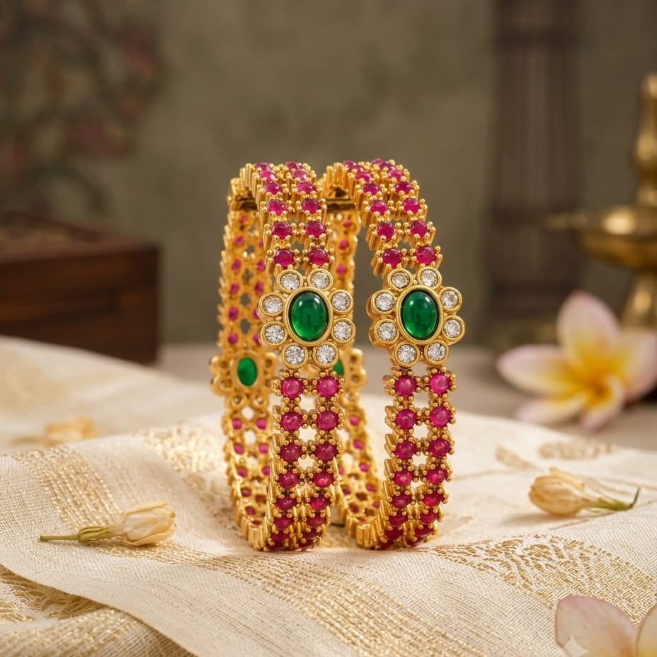 Gold Plated Ruby Green Stone Designer Bangle Set