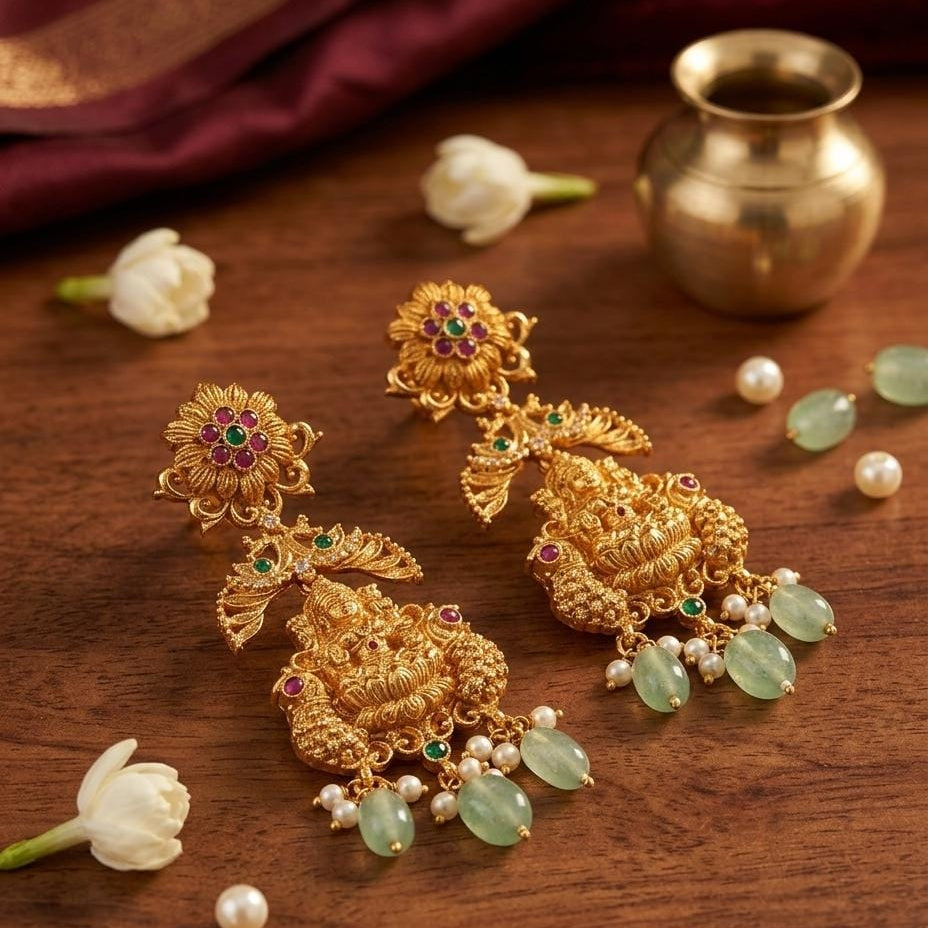 Lakshmi Temple Jhumka Earrings with Green Bead Drops