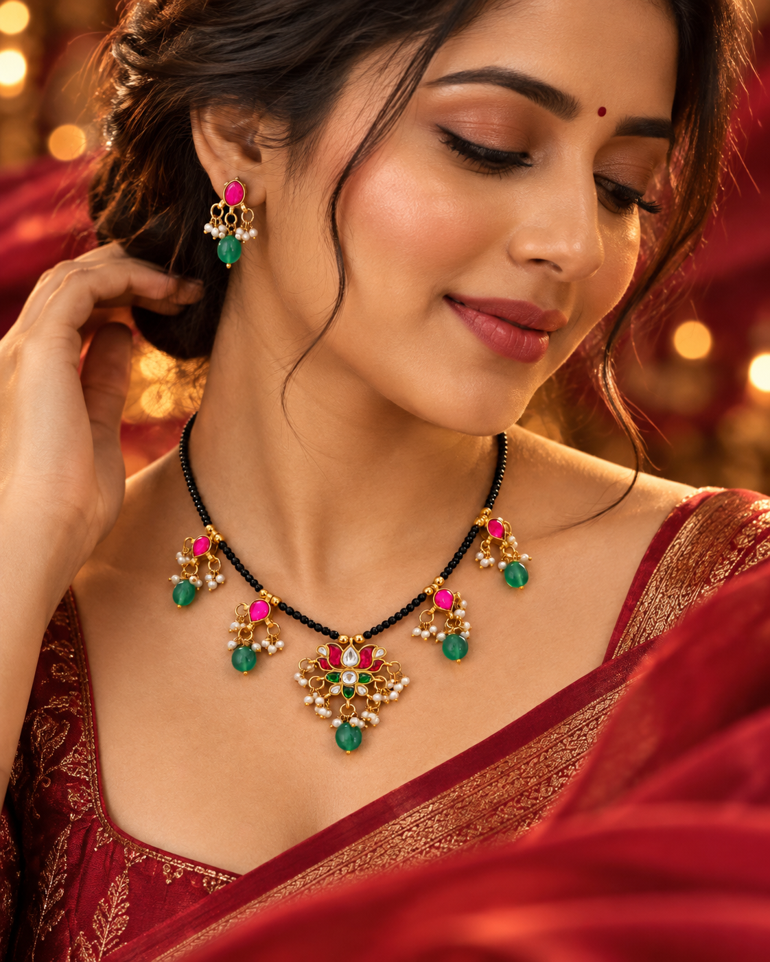 Multicolour Floral Black Bead Mangalsutra