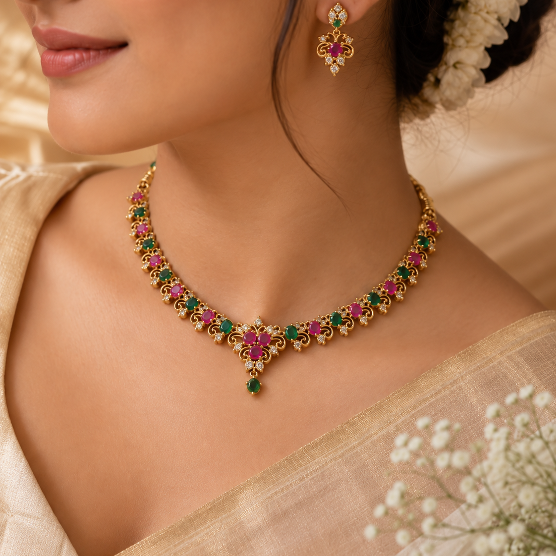 Pink Stone Floral Gold Tone Necklace Set