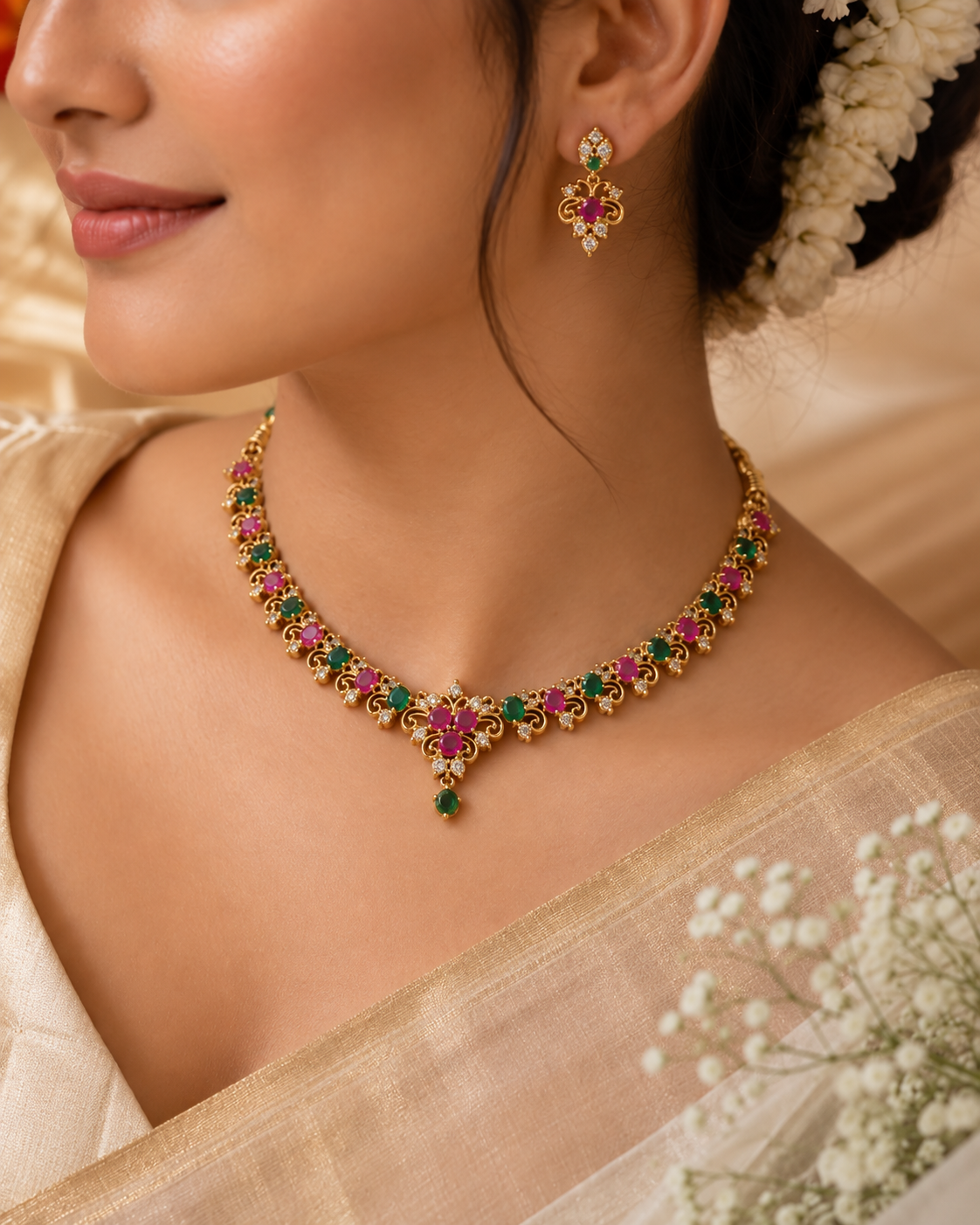Pink Stone Floral Gold Tone Necklace Set