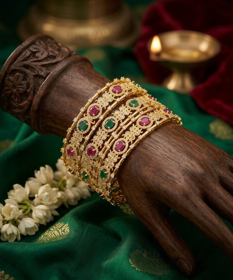 Pink Green Stone Statement Bangle Set