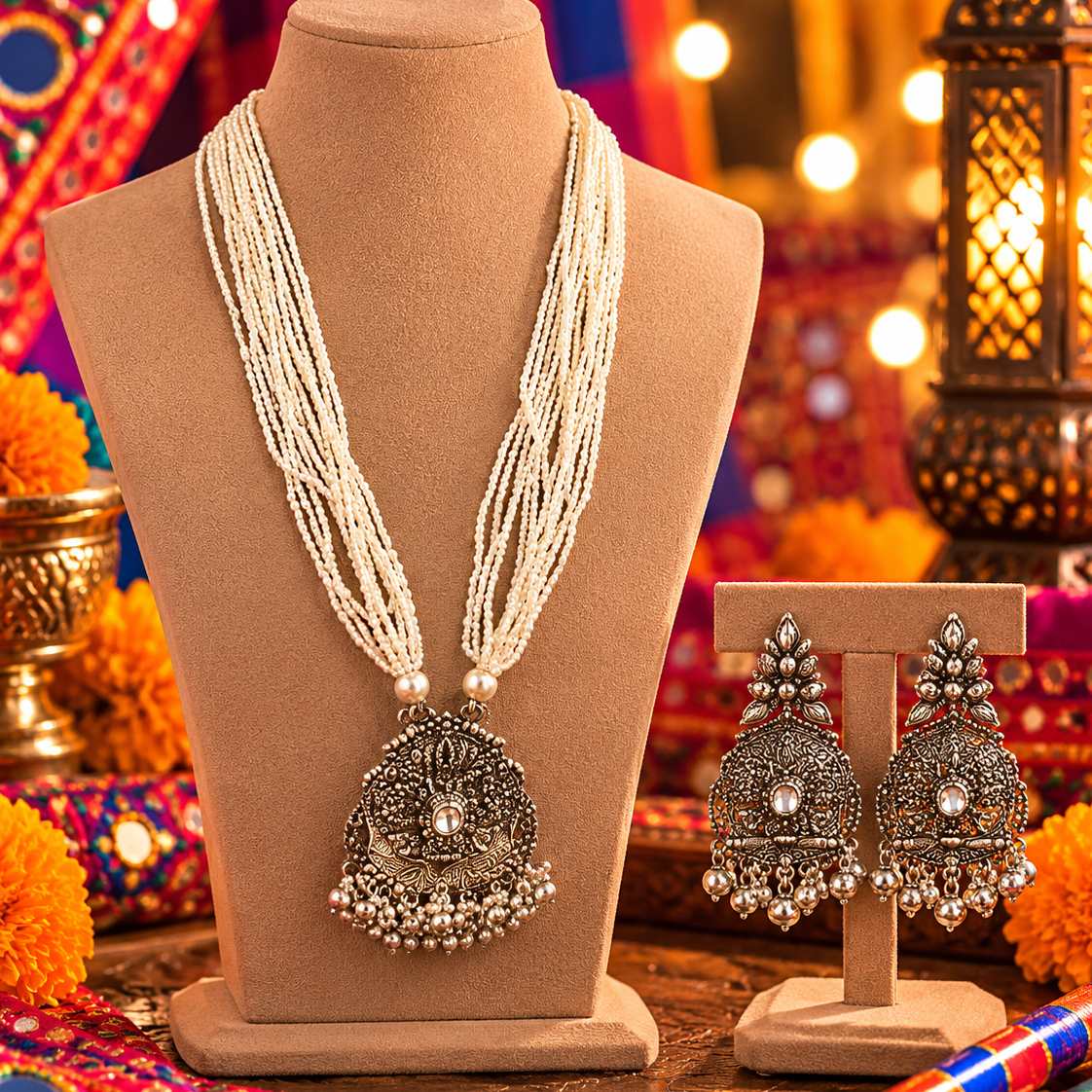 Oxidised White Bead Pendant Necklace Set