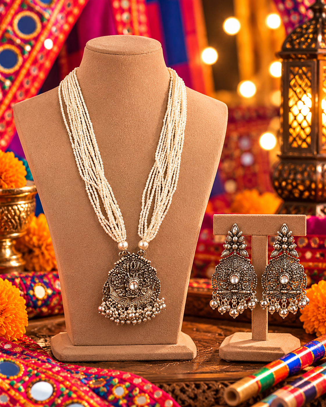 Oxidised White Bead Pendant Necklace Set