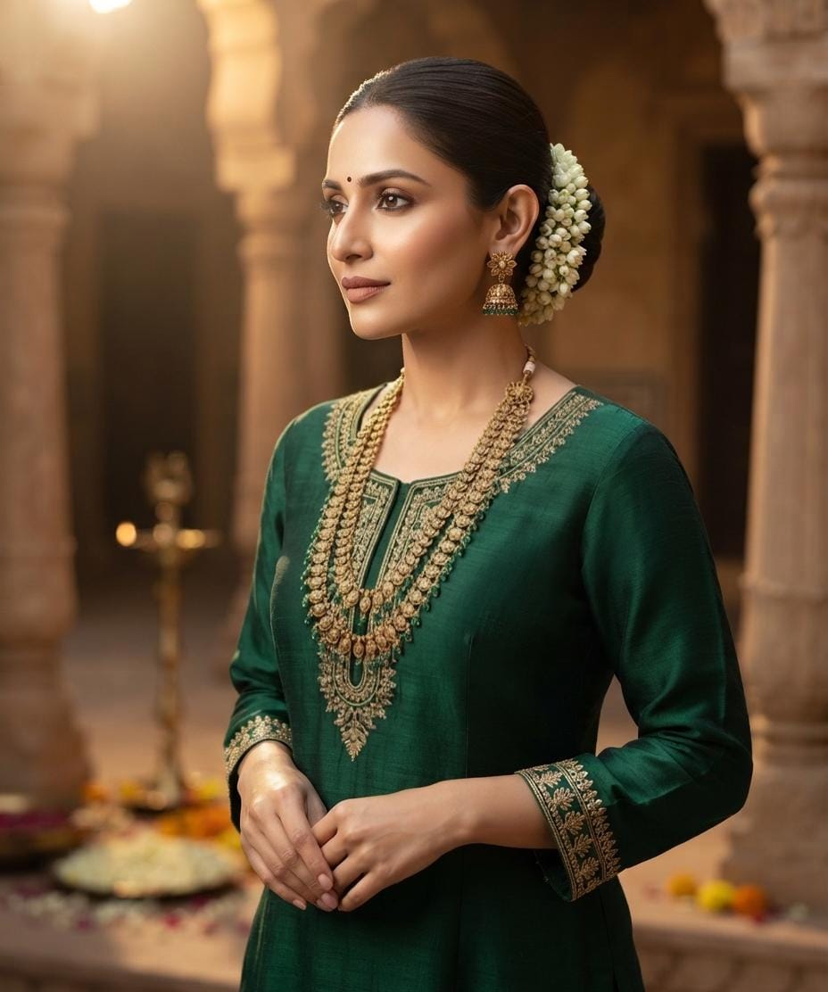 Green and Ruby Long Layered Necklace Set