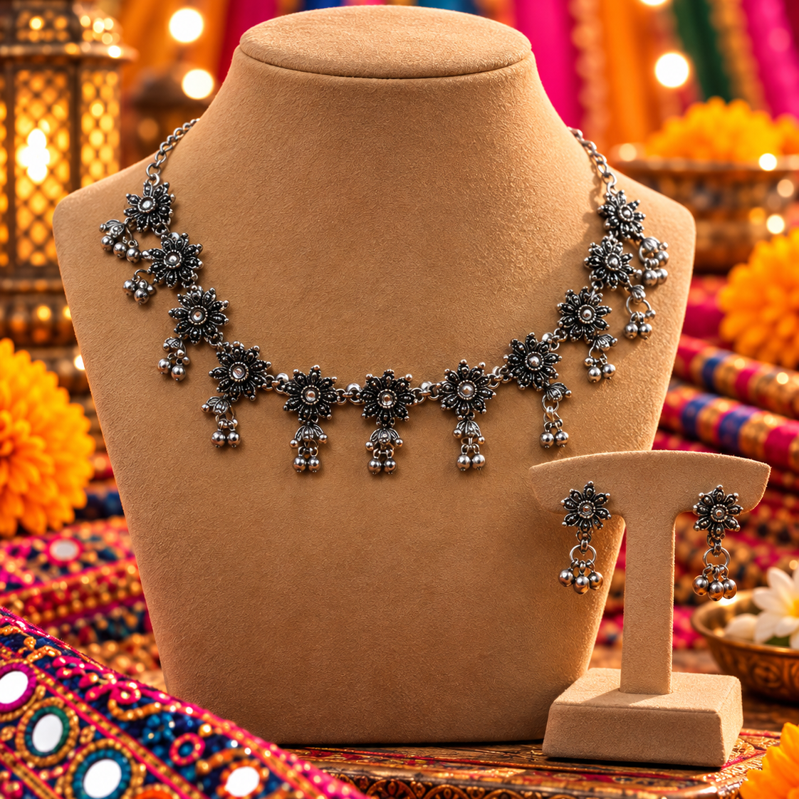 Oxidised Flower Chain Necklace Set