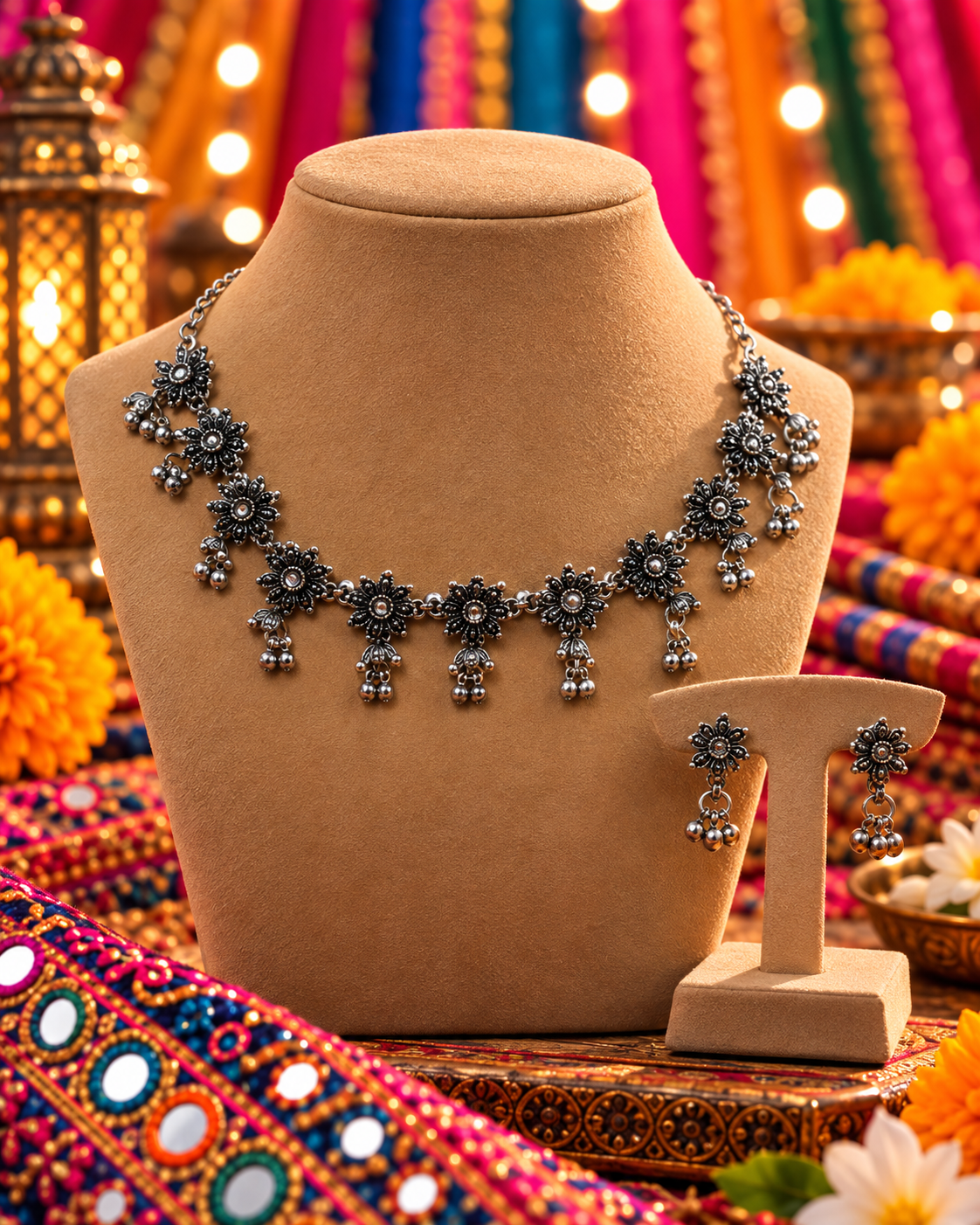 Oxidised Flower Chain Necklace Set